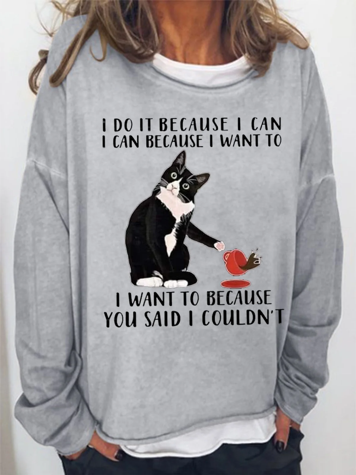 Women's I Do It Because I Can I Can Because I Want Funny Graphic Print Black Cat Loose Casual Text Letters Sweatshirt