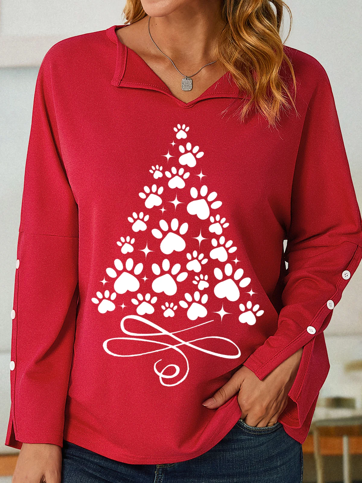 Women's Christmas Paw Tree Print Sweatshirt