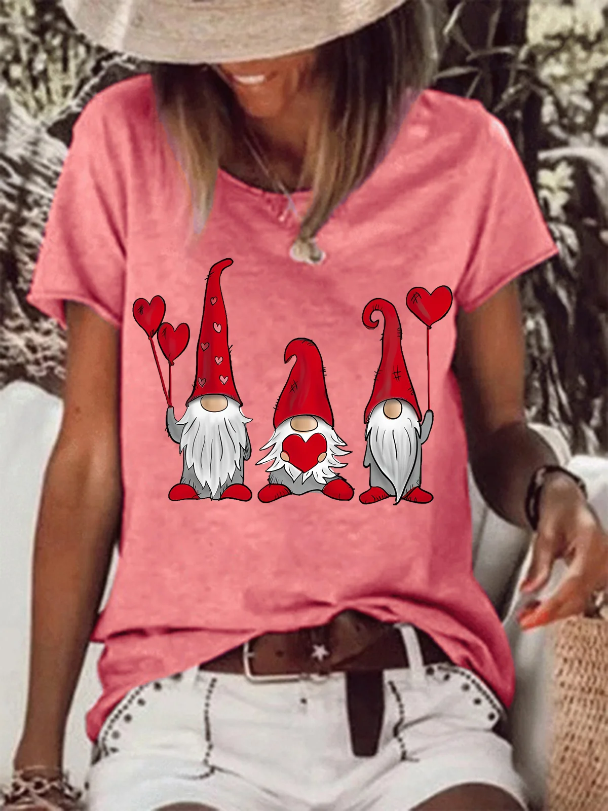 Women's Cute Gnomes Heart Valentines Simple Heart T-Shirt