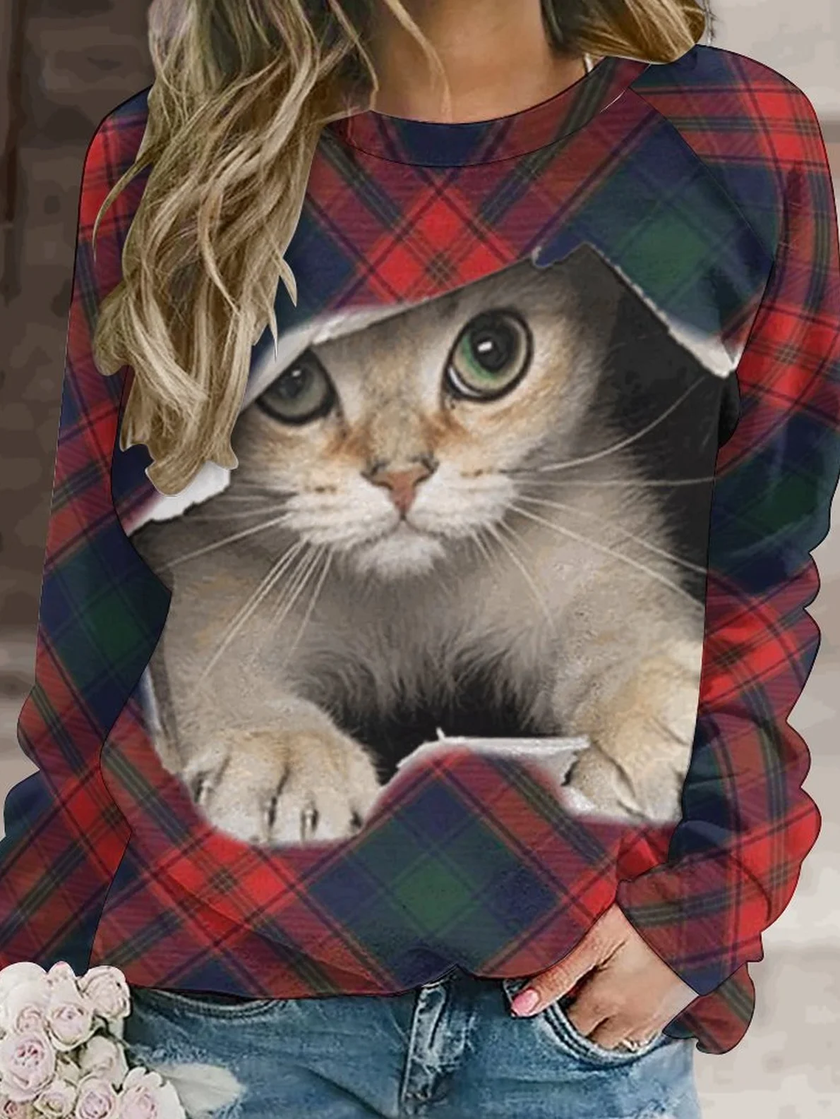 Women's Funny Cat  Raglan Sleeve Plaid Crew Neck Casual Sweatshirt