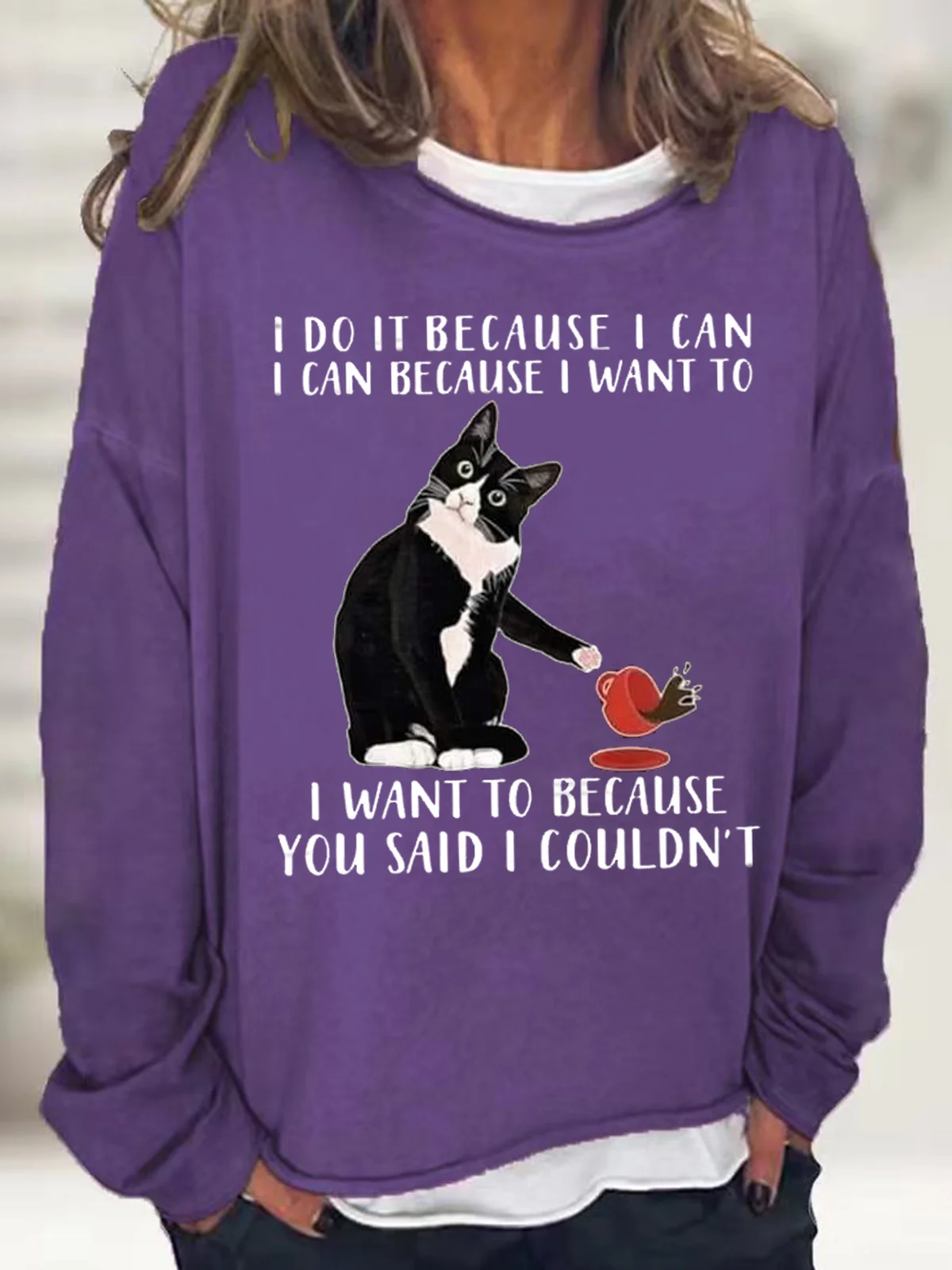 Women's I Do It Because I Can I Can Because I Want Funny Graphic Print Black Cat Loose Casual Text Letters Sweatshirt