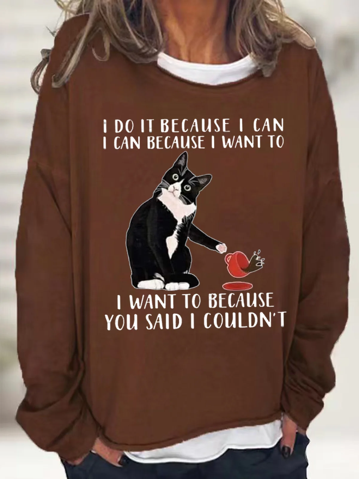 Women's I Do It Because I Can I Can Because I Want Funny Graphic Print Black Cat Loose Casual Text Letters Sweatshirt