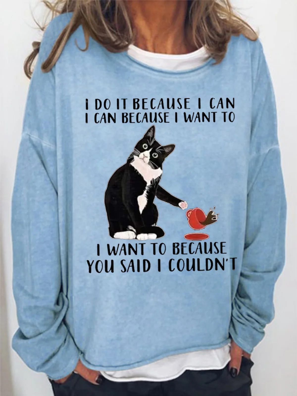 Women's I Do It Because I Can I Can Because I Want Funny Graphic Print Black Cat Loose Casual Text Letters Sweatshirt