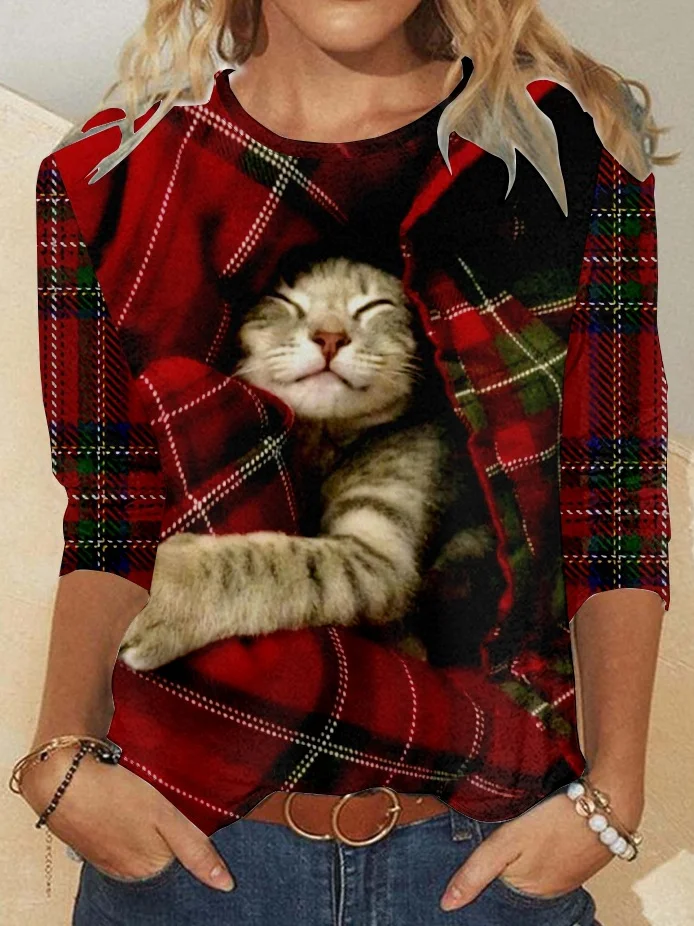 Women's Christmas Cat Print Casual Top