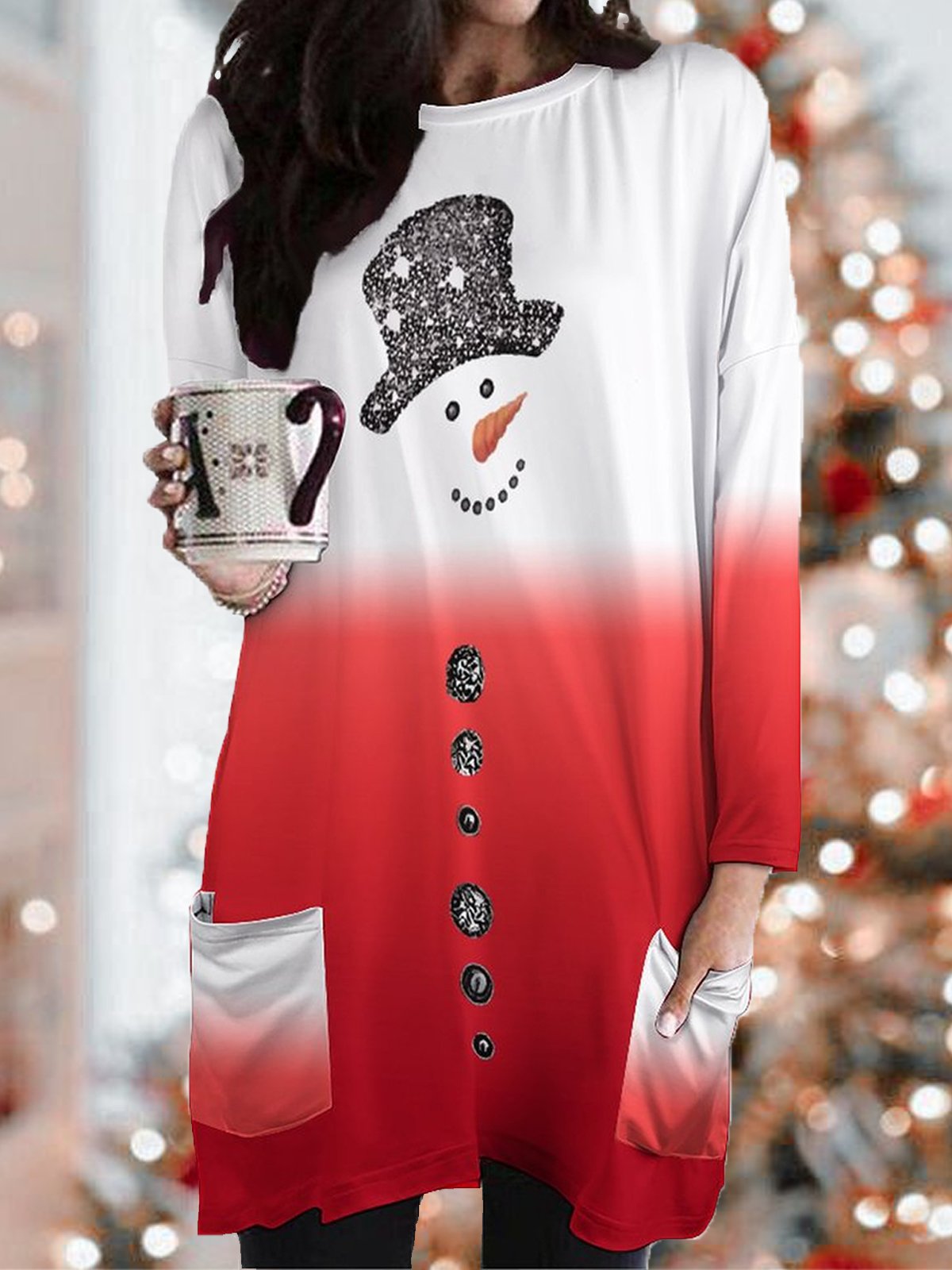 Women's Christmas Snow Man Crew Neck Casual Dress