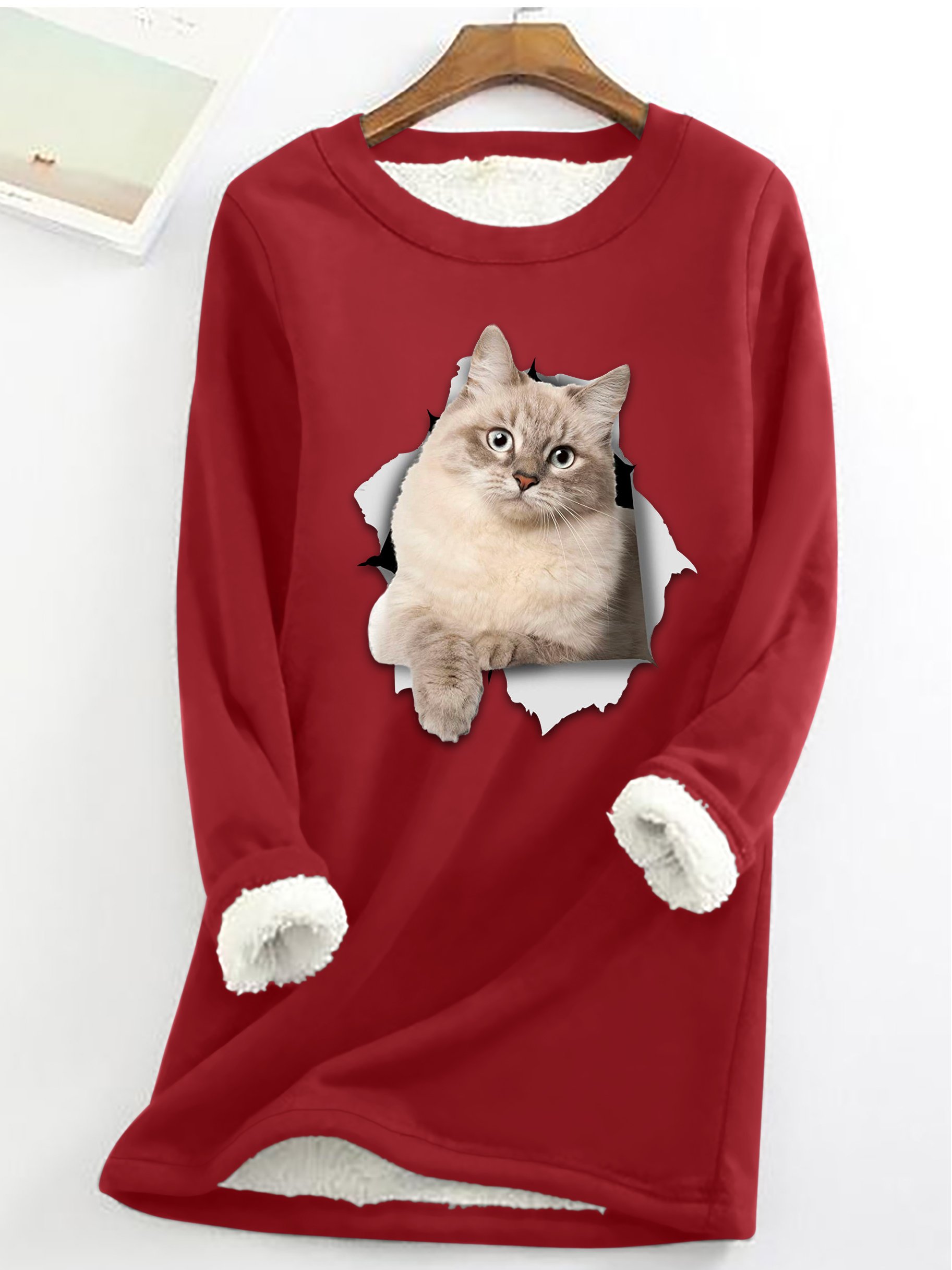Women Funny 3D Print Cat Simple Warmth Fleece Sweatshirt