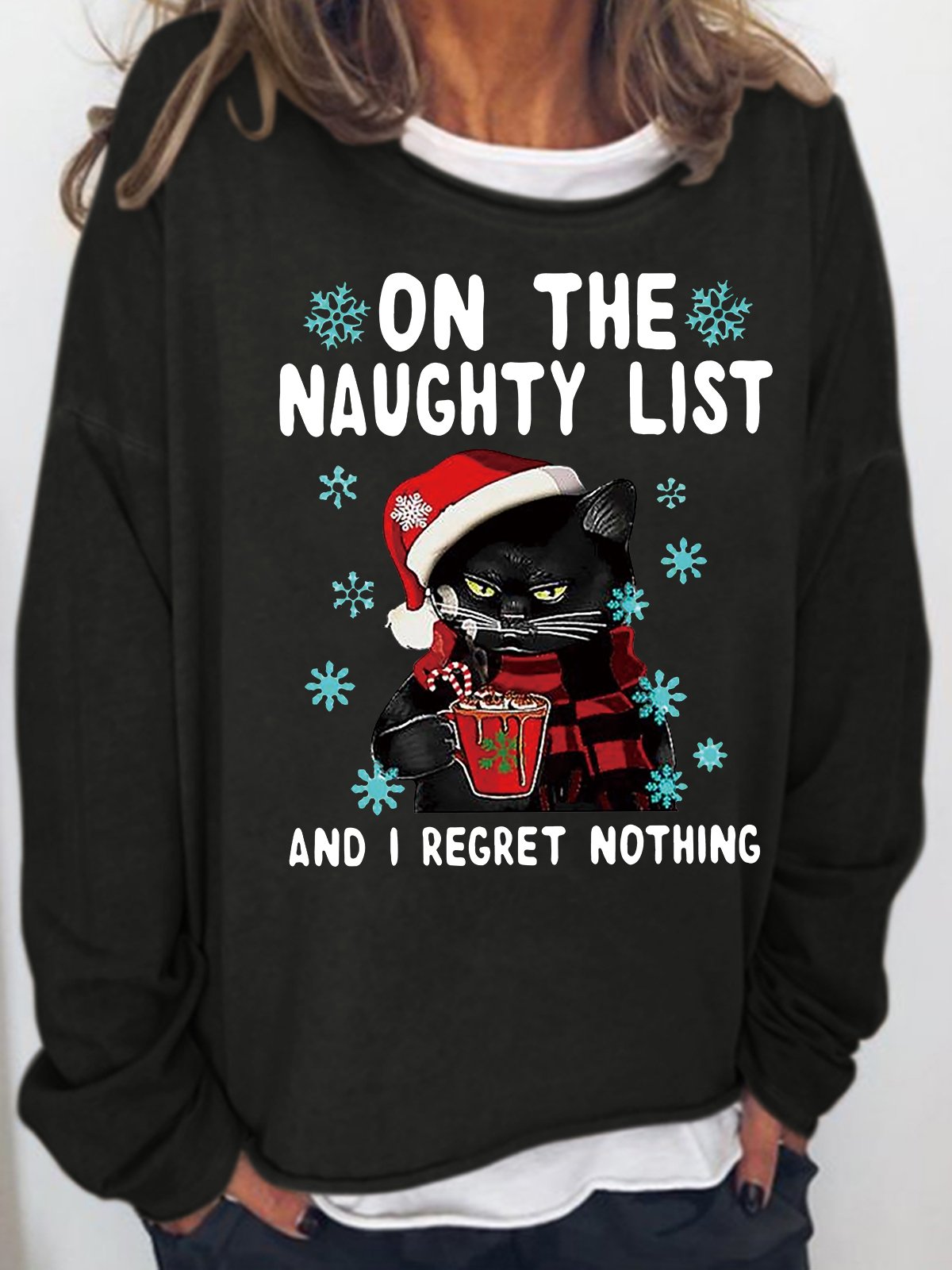 Womens Black cat On the naughty list and i regret nothing Christmas Sweatshirt