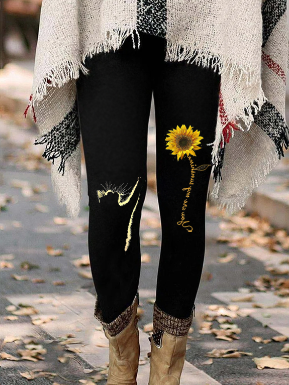 Women's Funny Cat Sunflower Simple Regular Fit Leggings