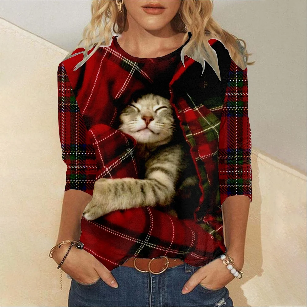 Women's Christmas Cat Print Casual Top