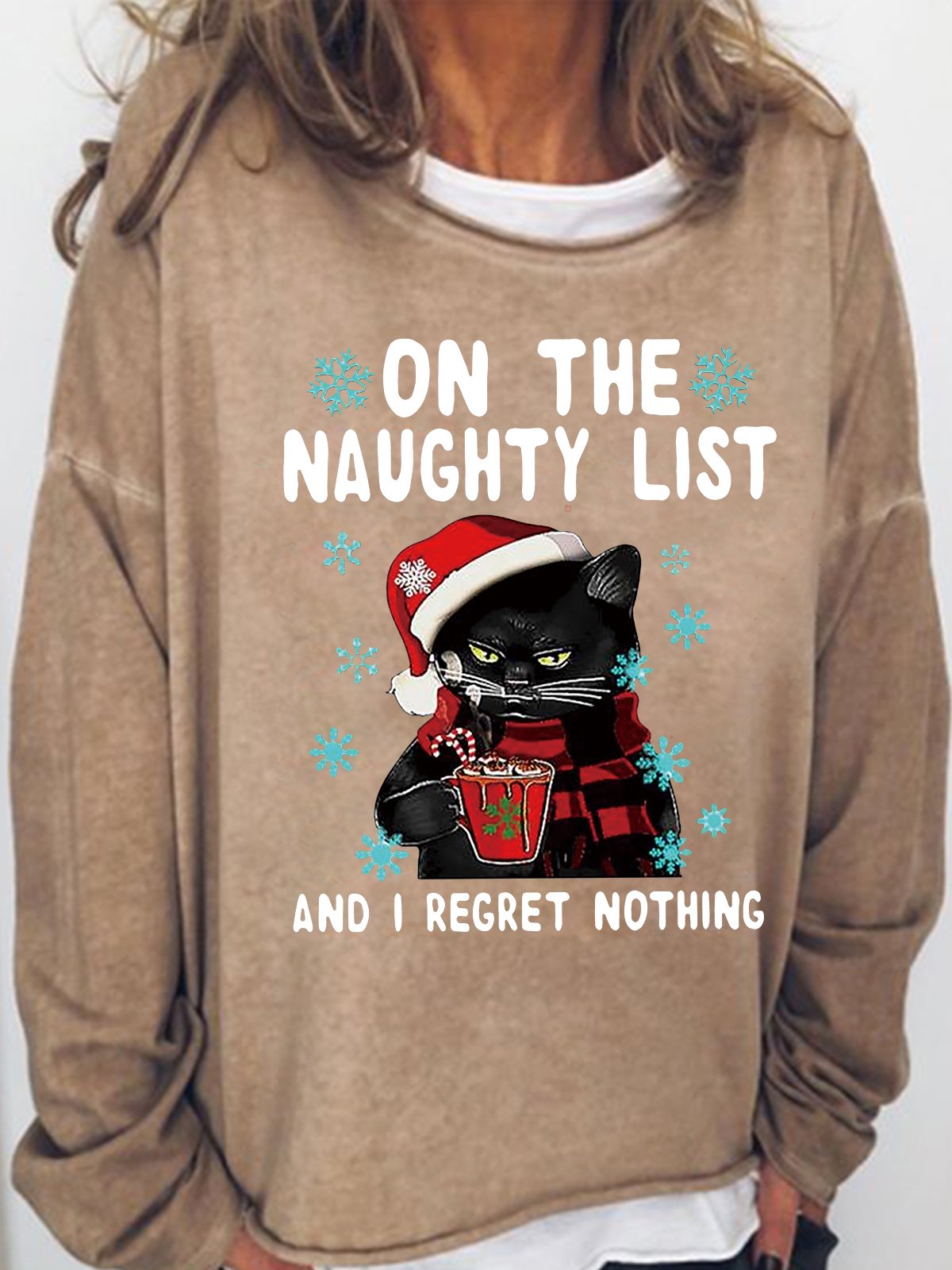 Womens Black cat On the naughty list and i regret nothing Christmas Sweatshirt