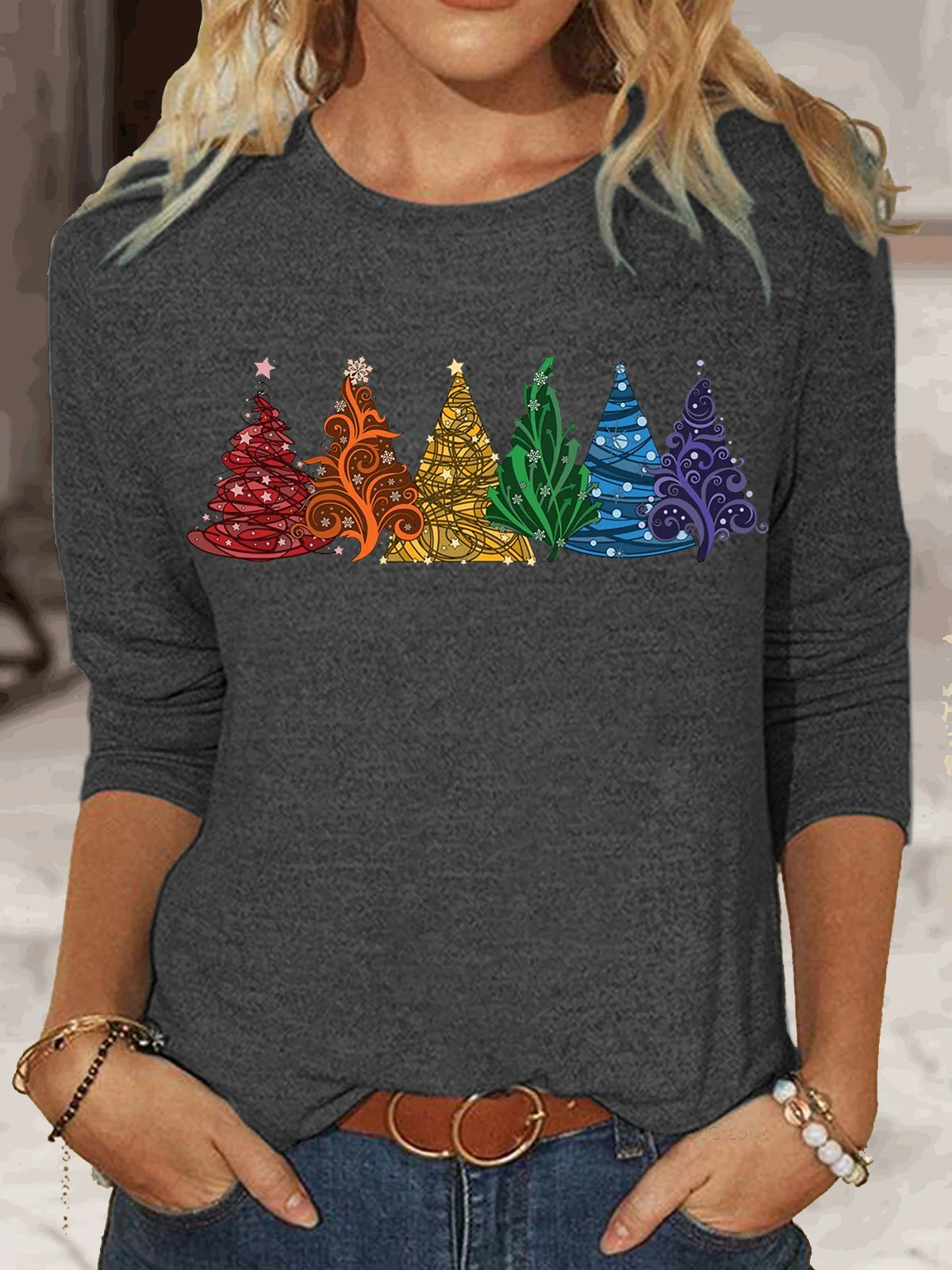 Women's Rainbow Christmas Trees Classic Long Sleeve Top