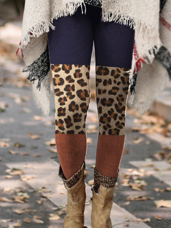 Women's Regular Fit Simple Color Block Leopard Leggings