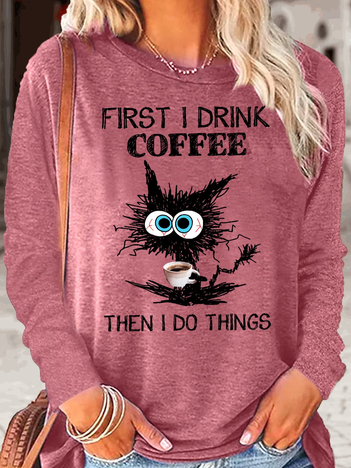 Women's Funny Grumpy Cat Coffee Letter Crew Neck Casual Top