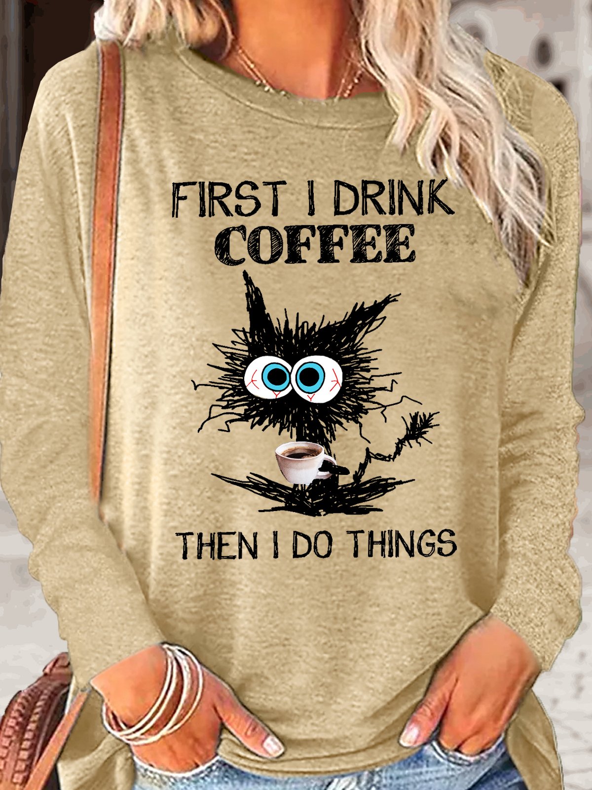 Women's Funny Grumpy Cat Coffee Letter Crew Neck Casual Top