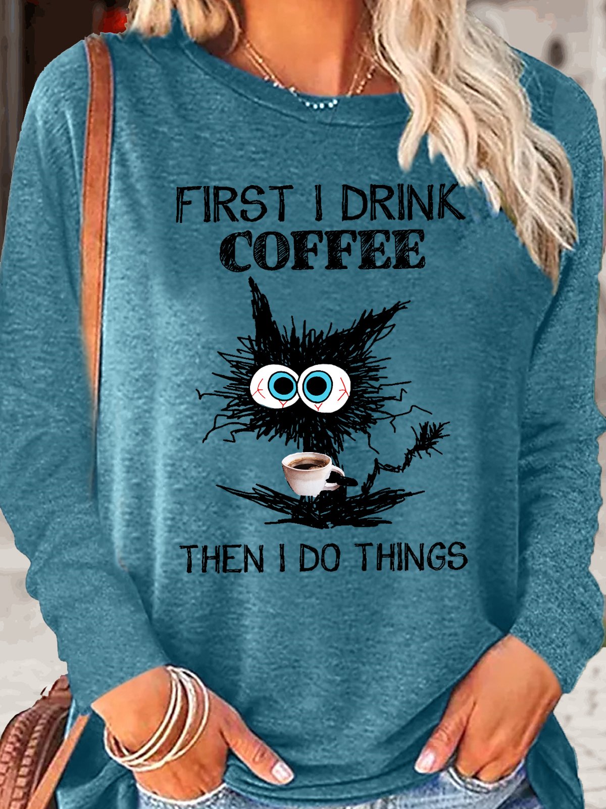 Women's Funny Grumpy Cat Coffee Letter Crew Neck Casual Top