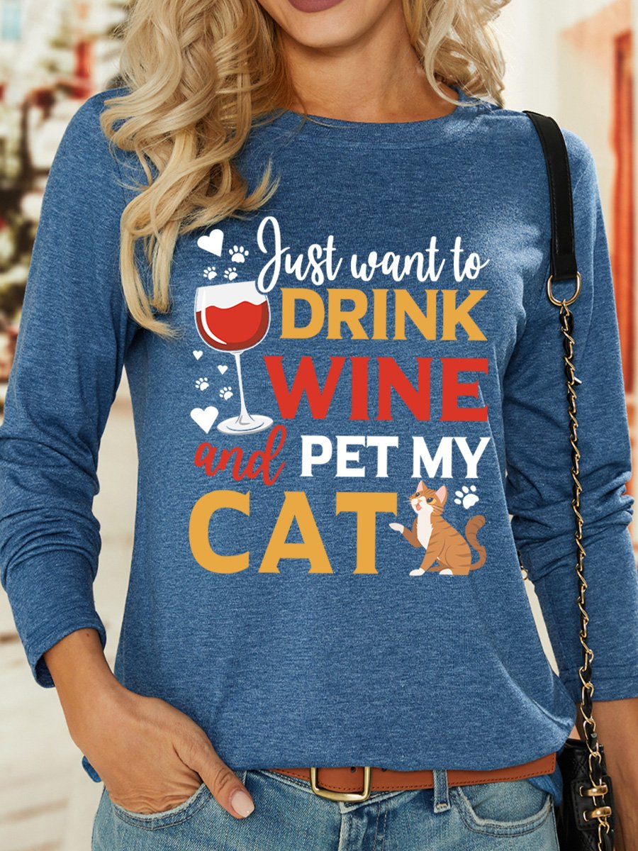 Lilicloth X Manikvskhan Cat Lovers Shirt Just Want To Drink Wine And Pet My Cat Womens Casual Top