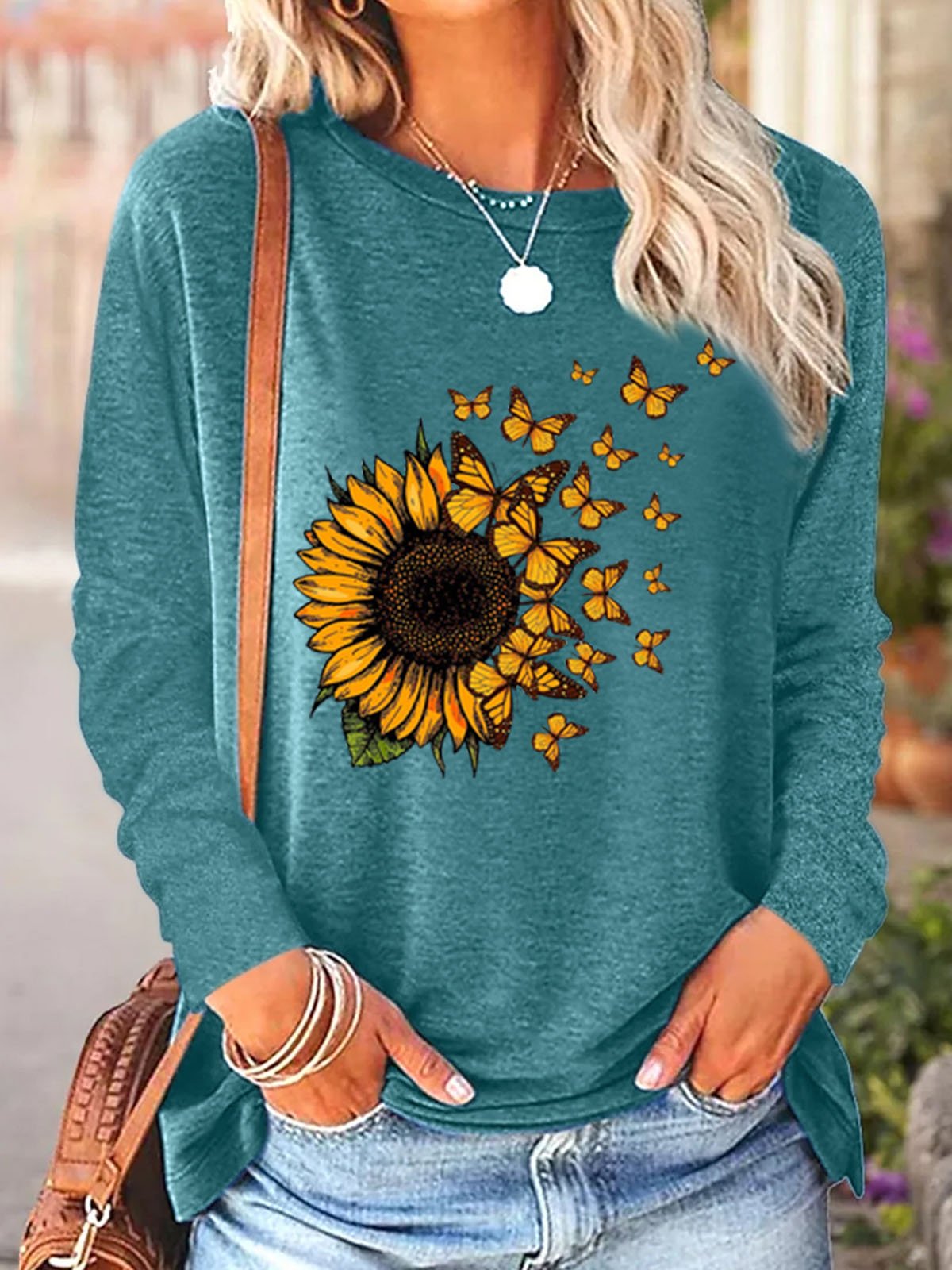 Women's Sunflower Butterfly Print Crew Neck Casual Top | lilicloth