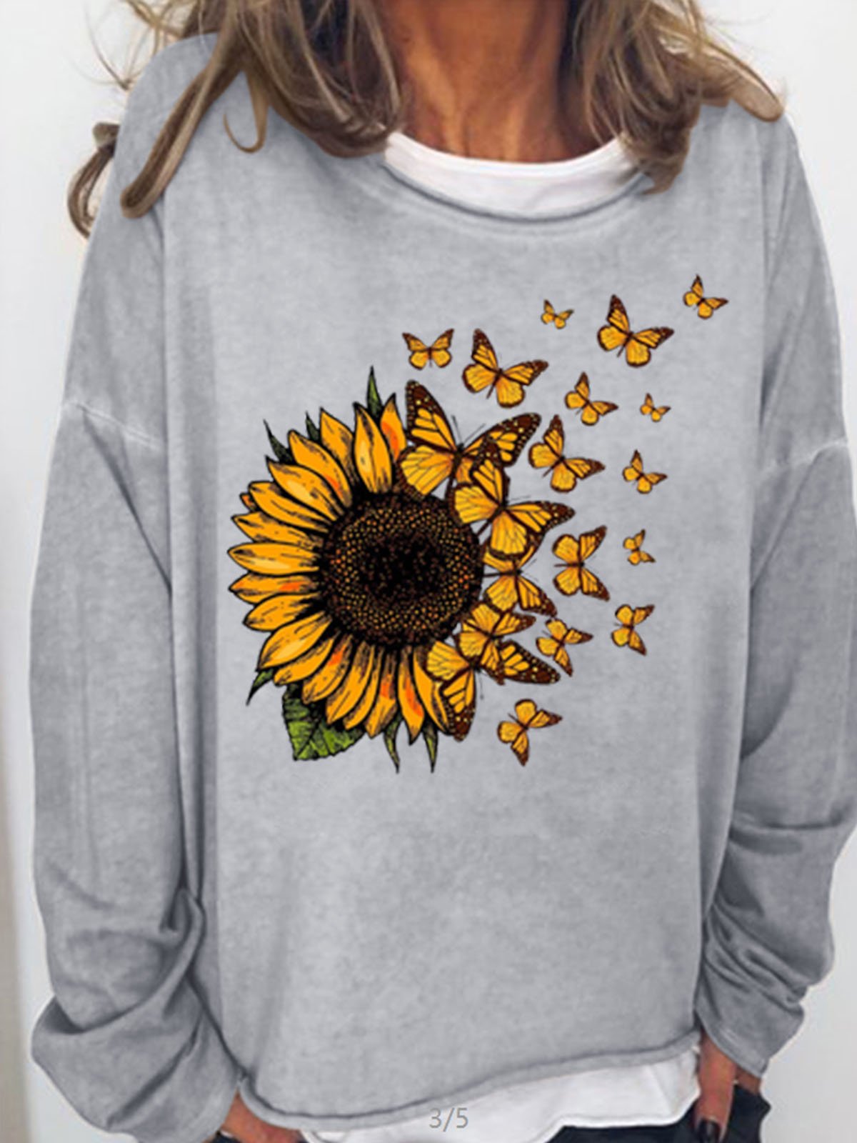 Women's Sunflower Butterfly Print Crew Neck Casual Sweatshirt