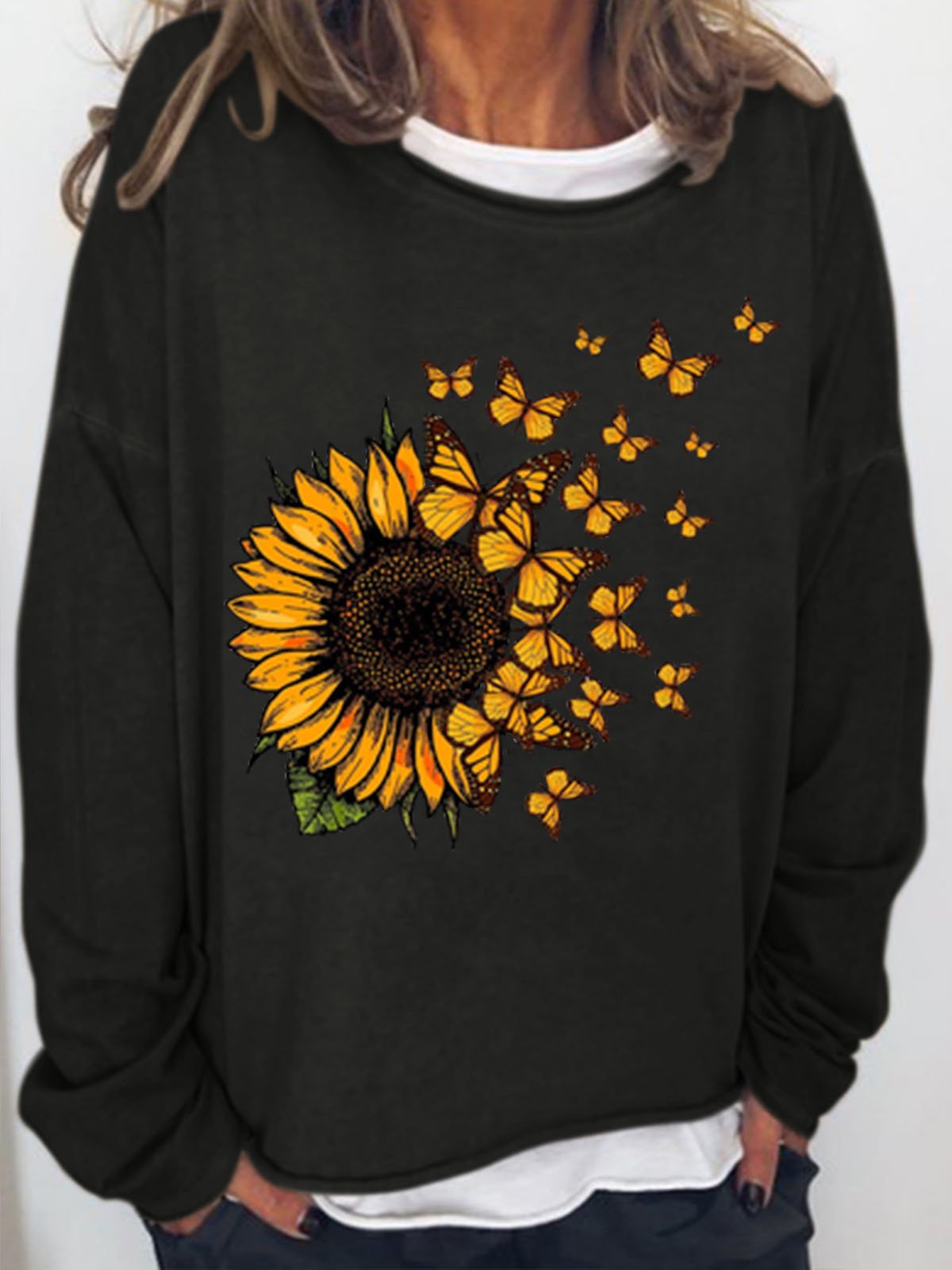 Women's Sunflower Butterfly Print Crew Neck Casual Sweatshirt