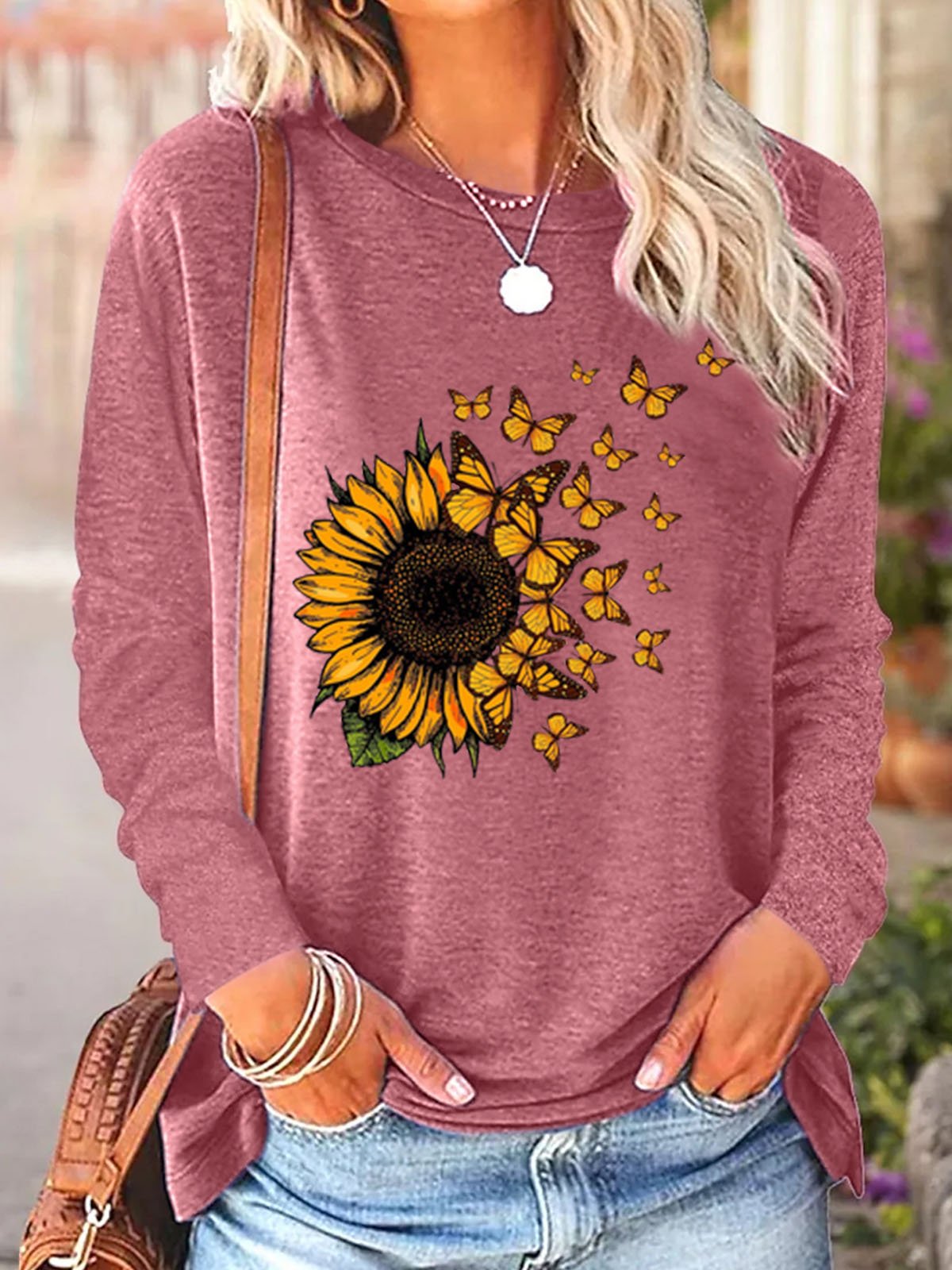 Women's Sunflower Butterfly Print Crew Neck Casual Top | lilicloth