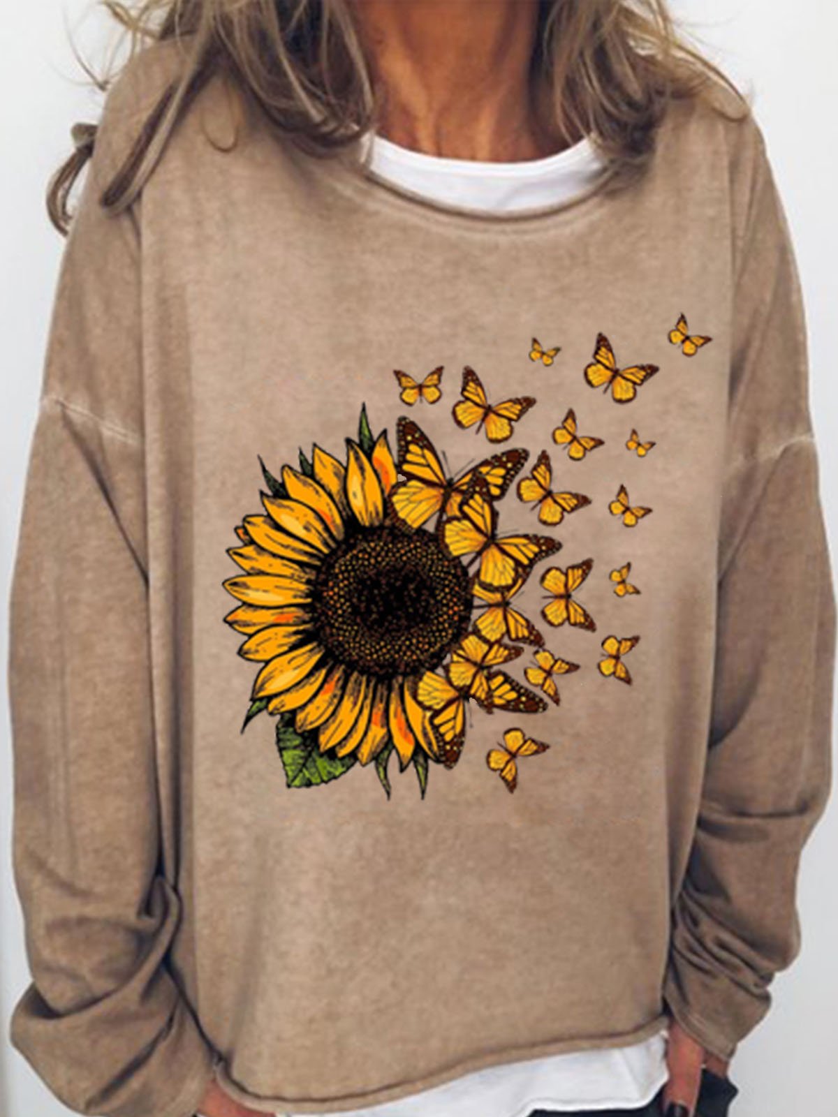 Women's Sunflower Butterfly Print Crew Neck Casual Sweatshirt