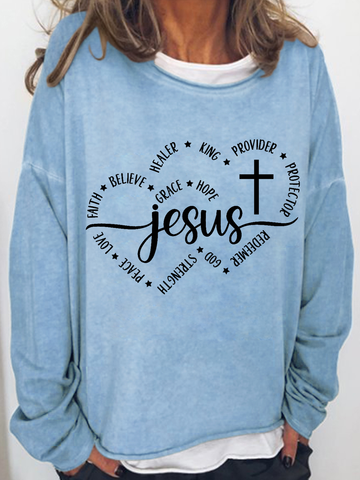 Women Jesus Faith Love Believe Christian Heart Crew Neck Sweatshirt