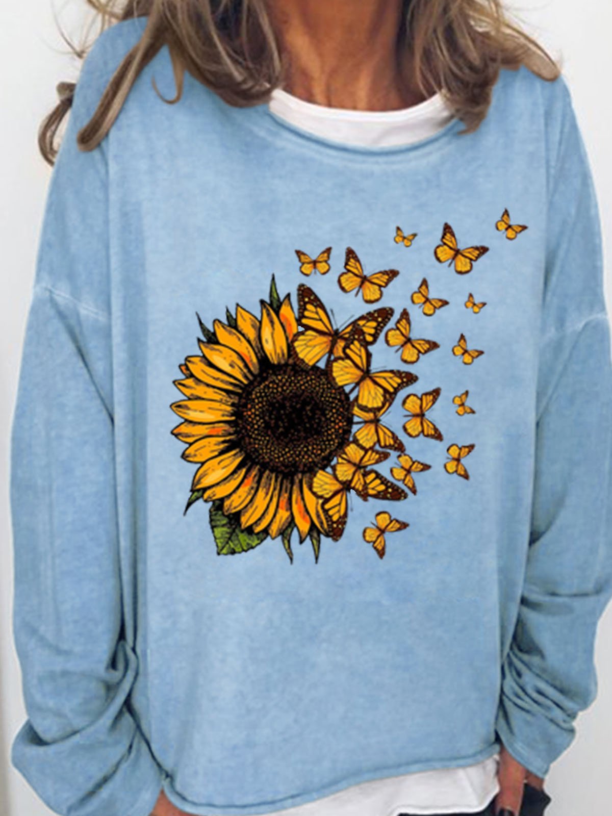 Women's Sunflower Butterfly Print Crew Neck Casual Sweatshirt