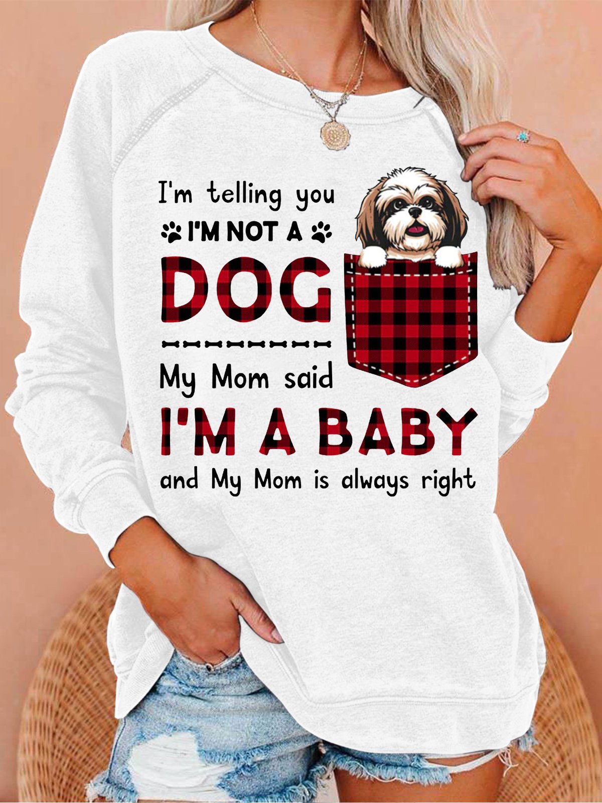 Women's Funny Word I'm A Baby Best Dog Mom Plaid Simple Sweatshirt