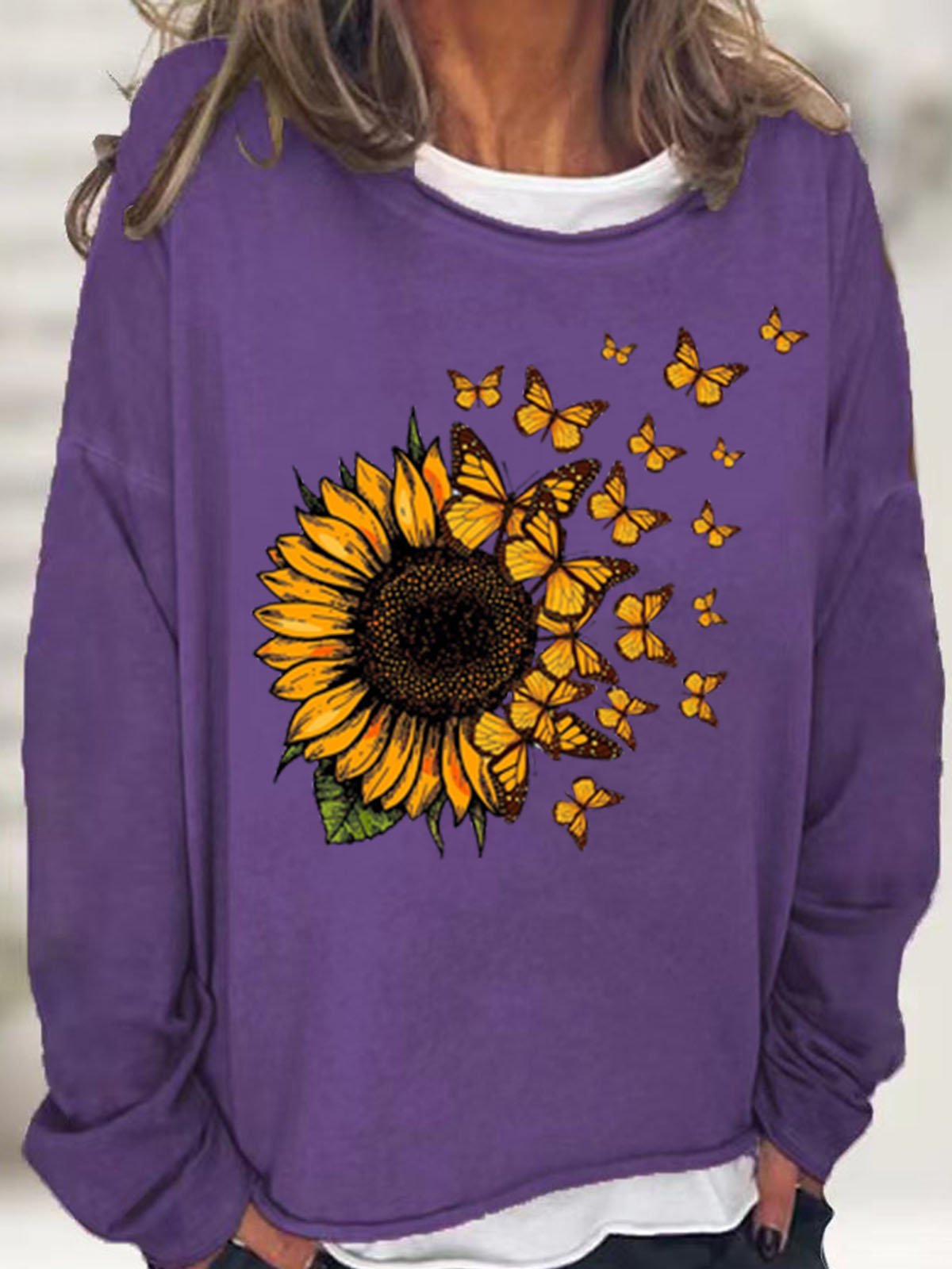 Women's Sunflower Butterfly Print Crew Neck Casual Sweatshirt