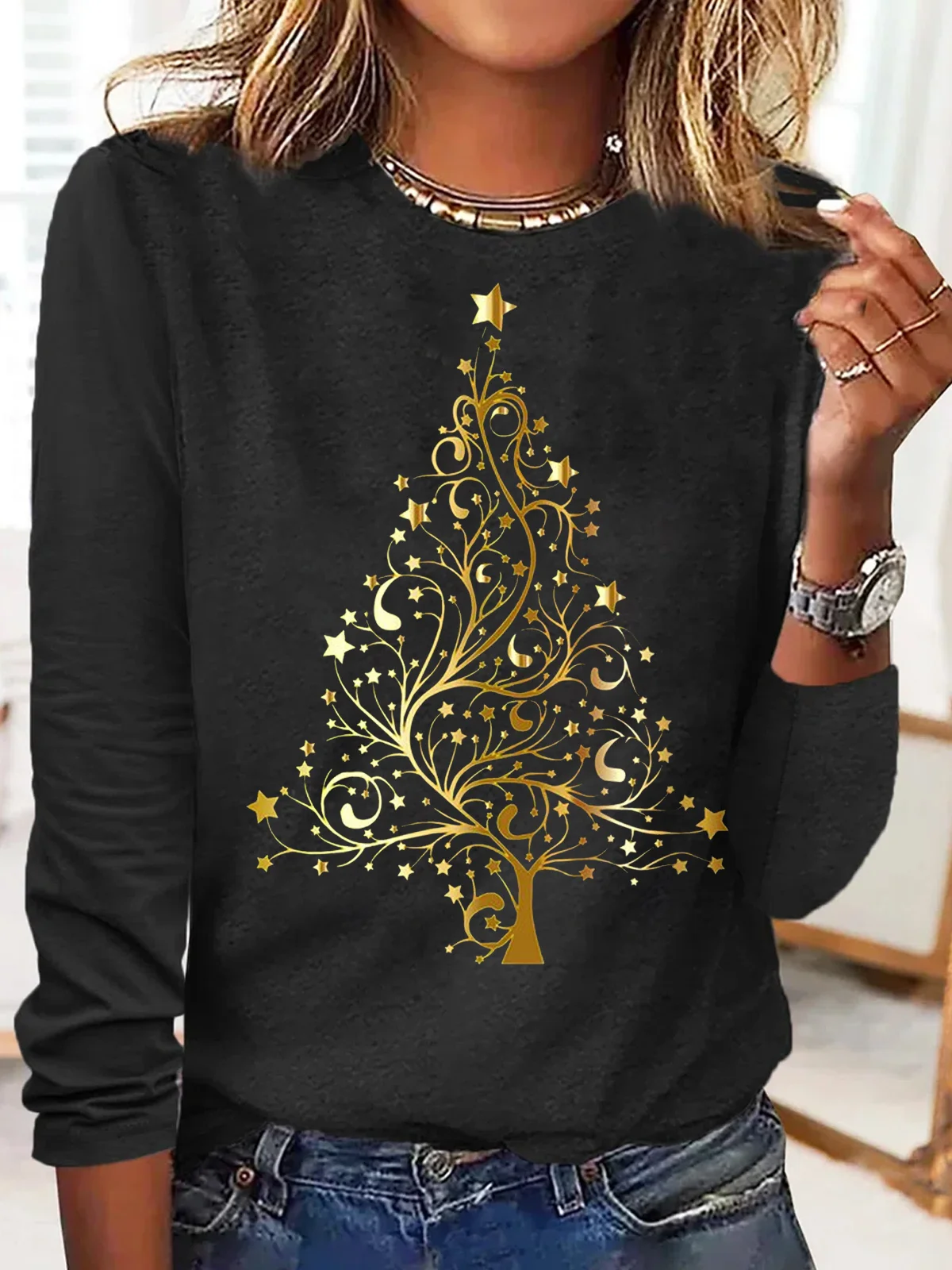 Woemn’s Star Christmas Tree Letters Casual Crew Neck Top