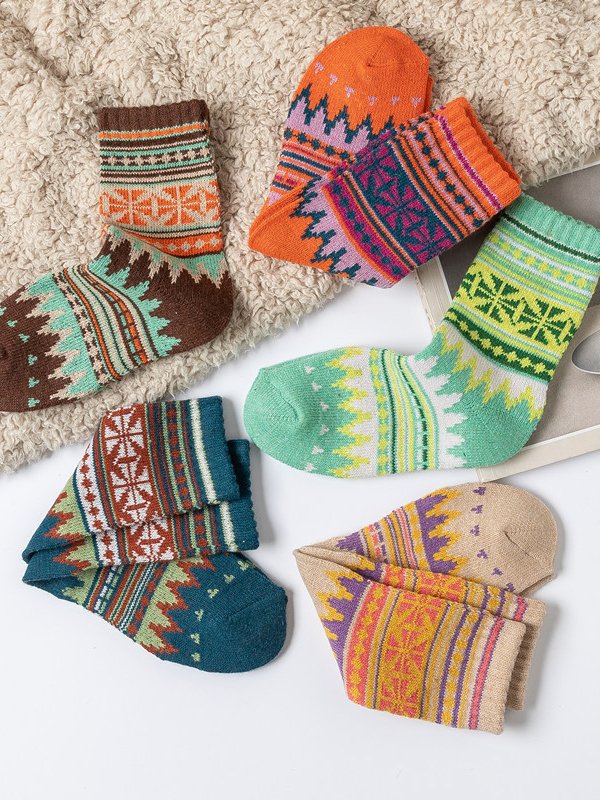 1pair Multicolor Ethnic Pattern Cotton Socks Autumn Winter Casual Home Warm Accessories Random Color