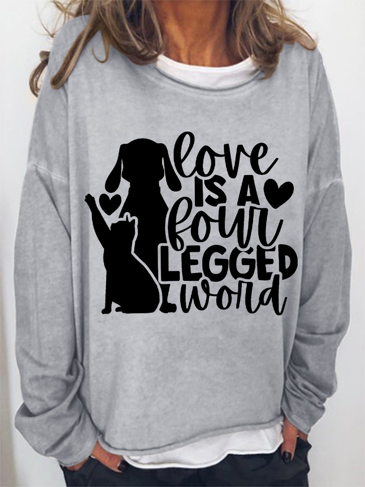 Women‘s Gunny Dog And Cat Love is a four legged word Loose Simple Sweatshirt