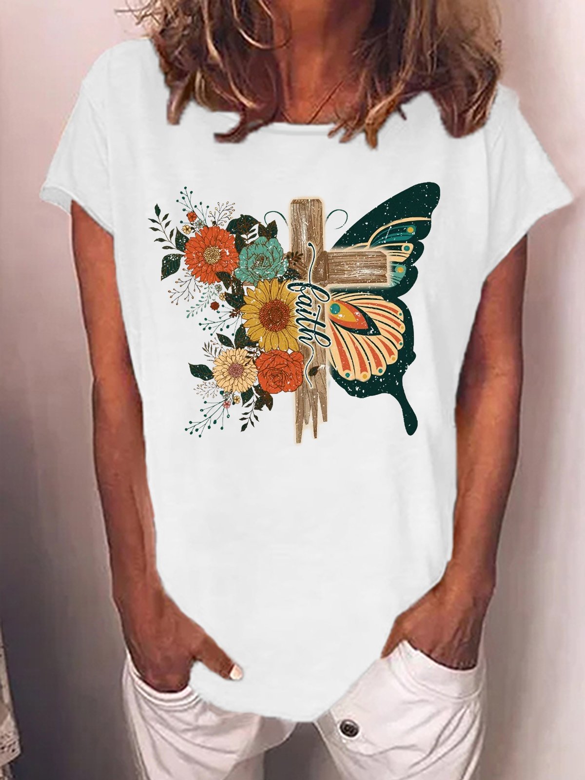 Women's Faith Graphic Retro Floral Christian Casual Loose Butterfly Crew Neck T-Shirt