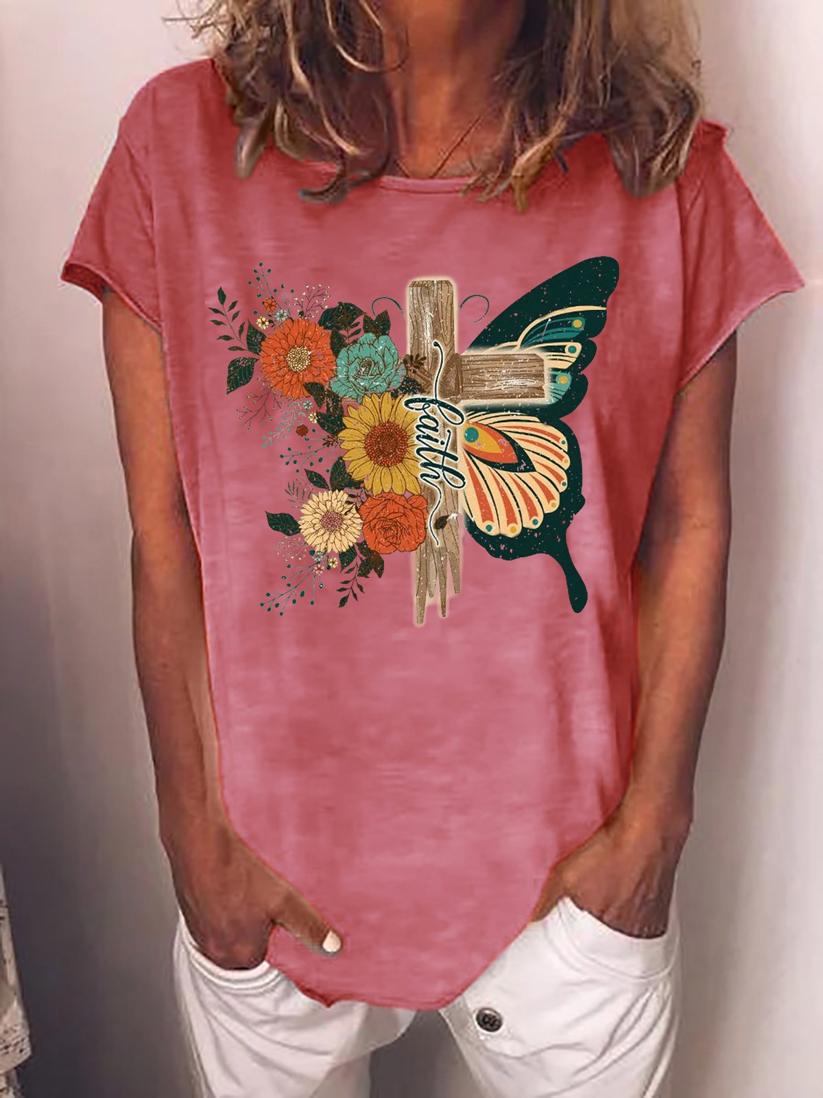 Women's Faith Graphic Retro Floral Christian Casual Loose Butterfly Crew Neck T-Shirt