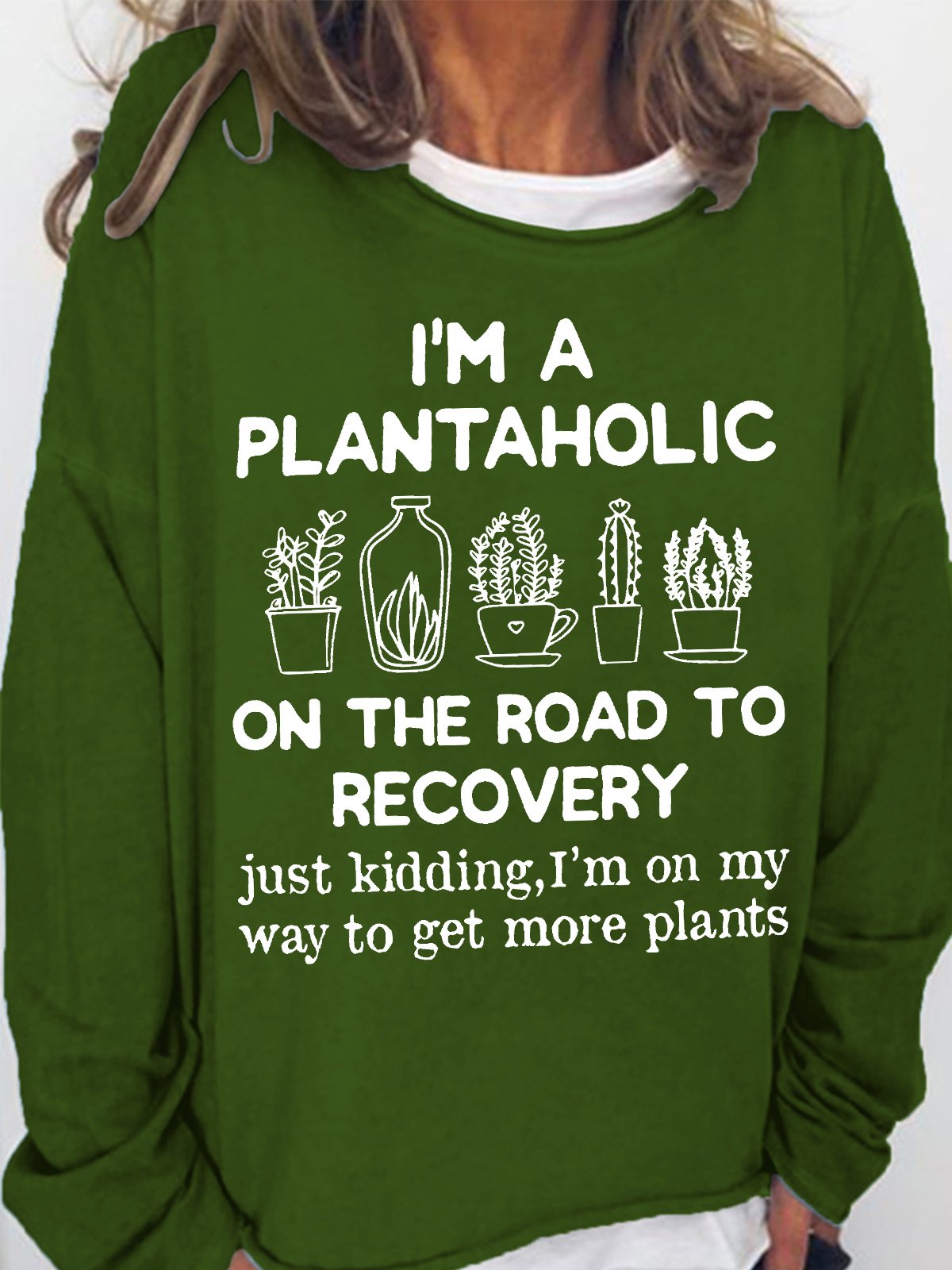 Women's I Am A Plantaholic On The Road To Recovery Gardening Hobby Funny Graphic Print Crew Neck Text Letters Casual Cotton-Blend Sweatshirt