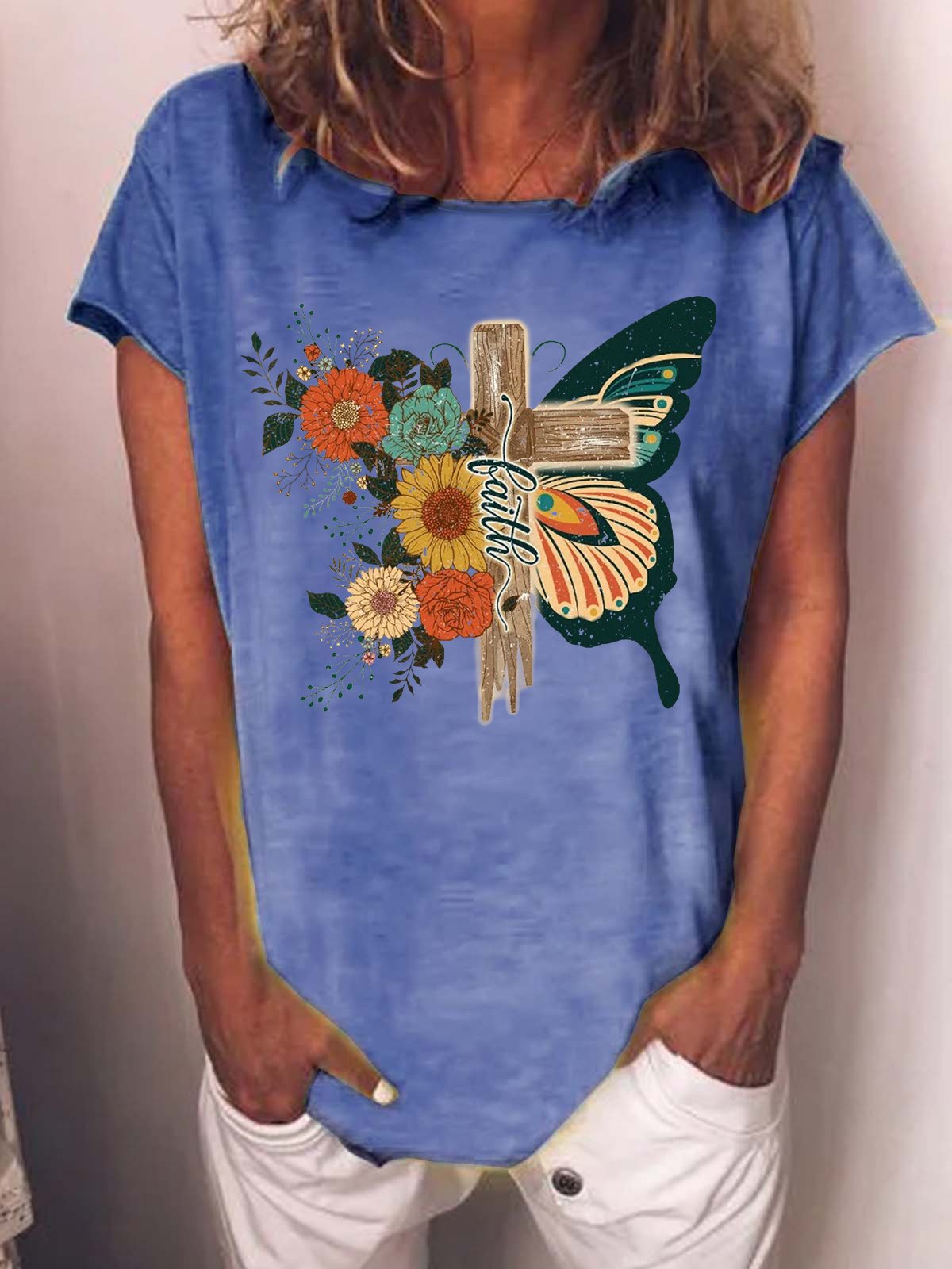 Women's Faith Graphic Retro Floral Christian Casual Loose Butterfly Crew Neck T-Shirt