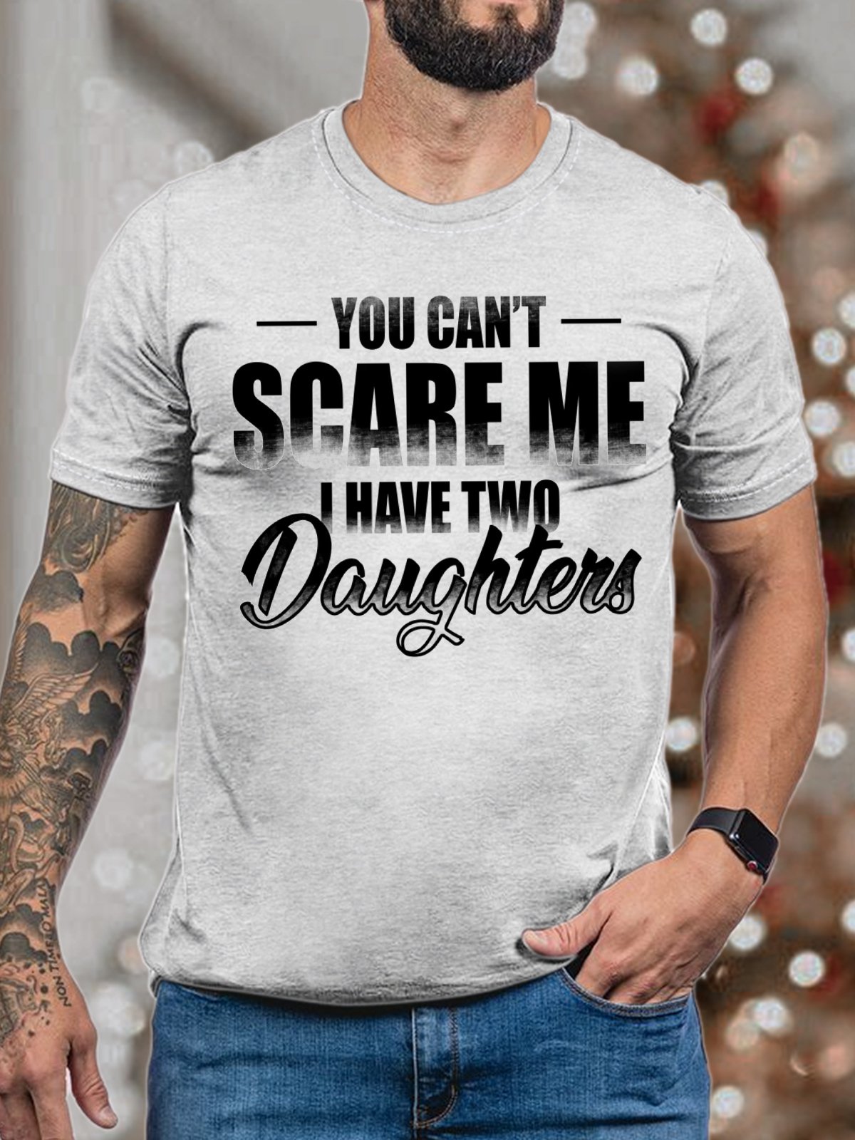 Men's You Can Not Scare Me I Have Two Daughters Funny Graphic Print Crew Neck Cotton Casual Text Letters T-Shirt