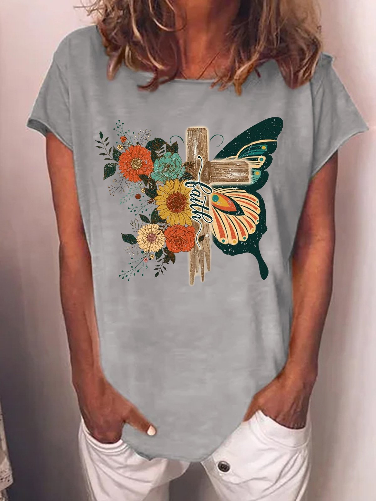 Women's Faith Graphic Retro Floral Christian Casual Loose Butterfly Crew Neck T-Shirt