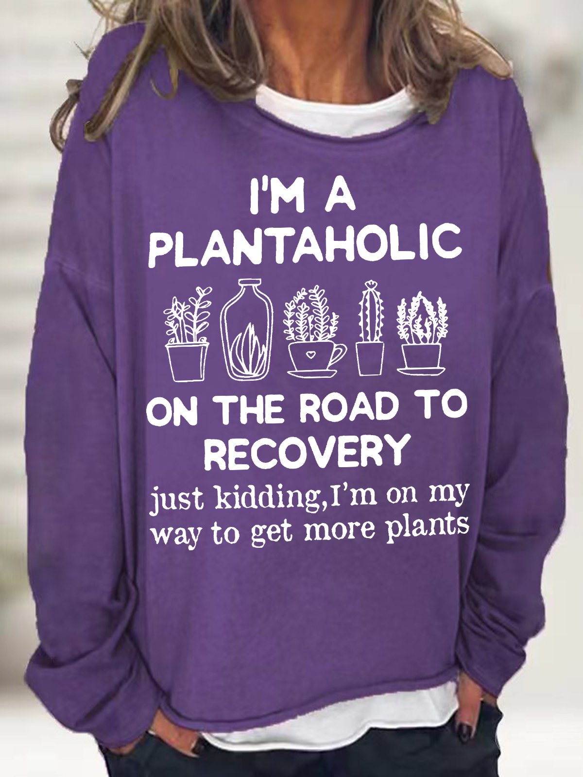 Women's I Am A Plantaholic On The Road To Recovery Gardening Hobby Funny Graphic Print Crew Neck Text Letters Casual Cotton-Blend Sweatshirt