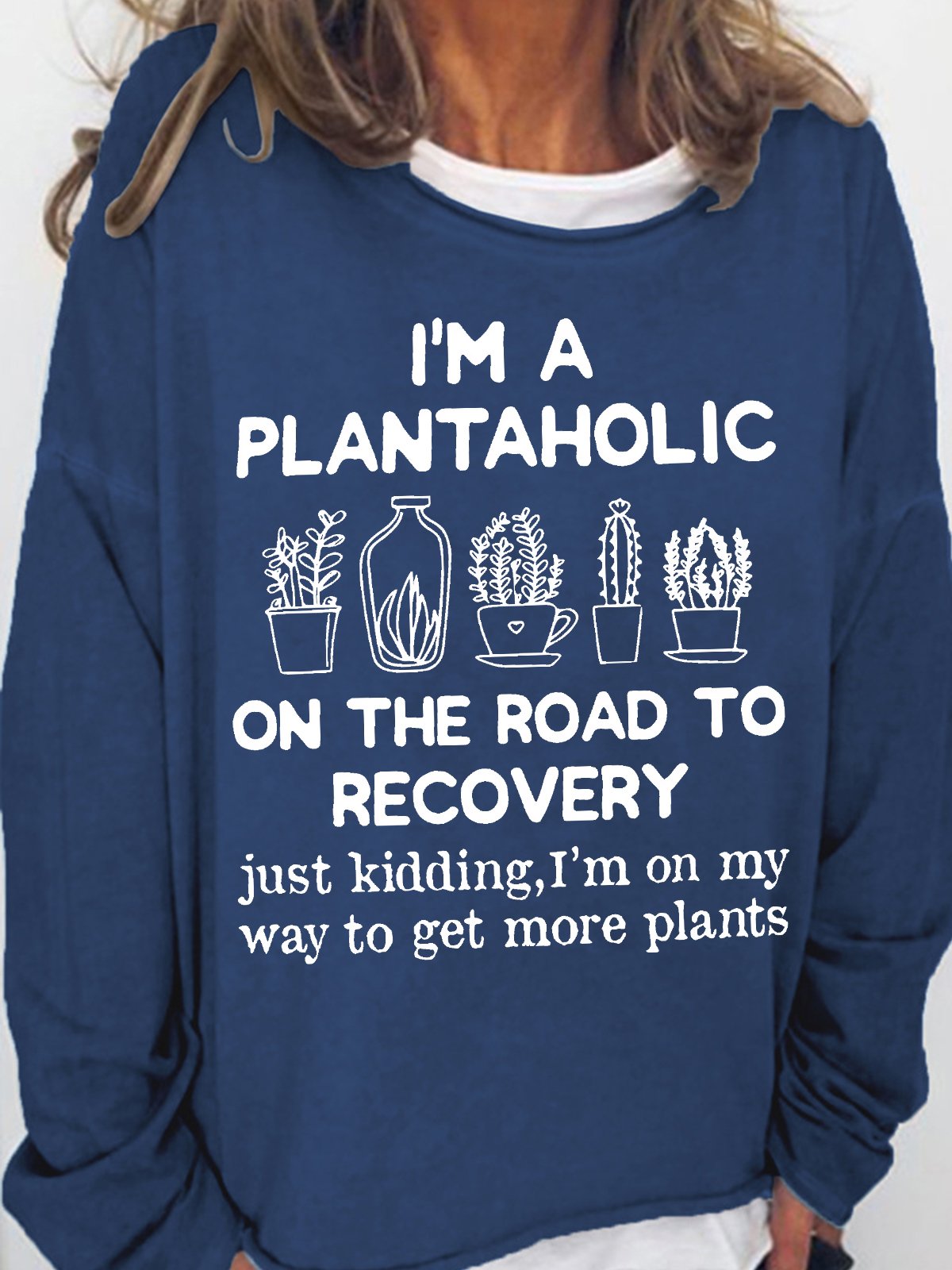 Women's I Am A Plantaholic On The Road To Recovery Gardening Hobby Funny Graphic Print Crew Neck Text Letters Casual Cotton-Blend Sweatshirt