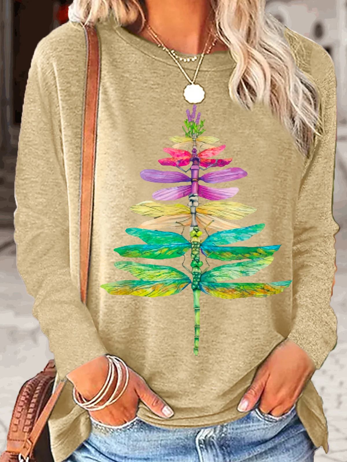 Women's dragonfly Christmas Tree Casual Letters Crew Neck Top