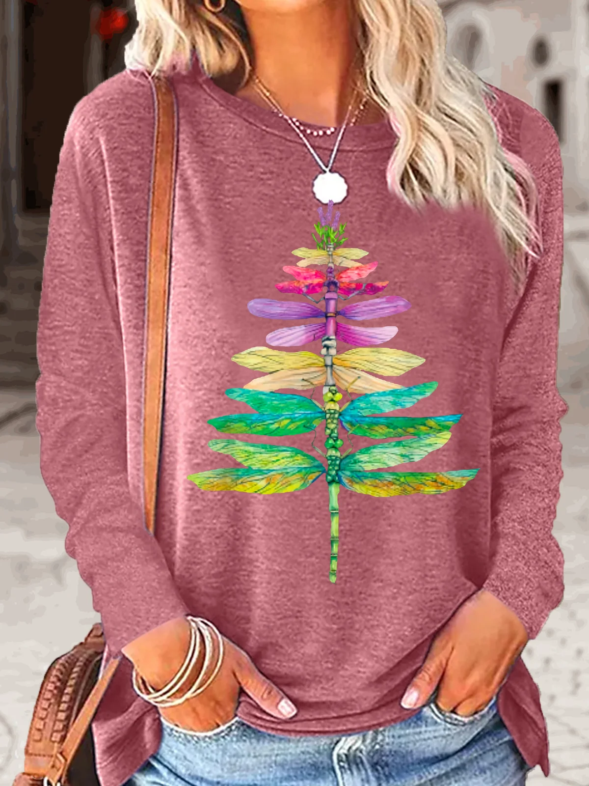 Women's dragonfly Christmas Tree Casual Letters Crew Neck Top