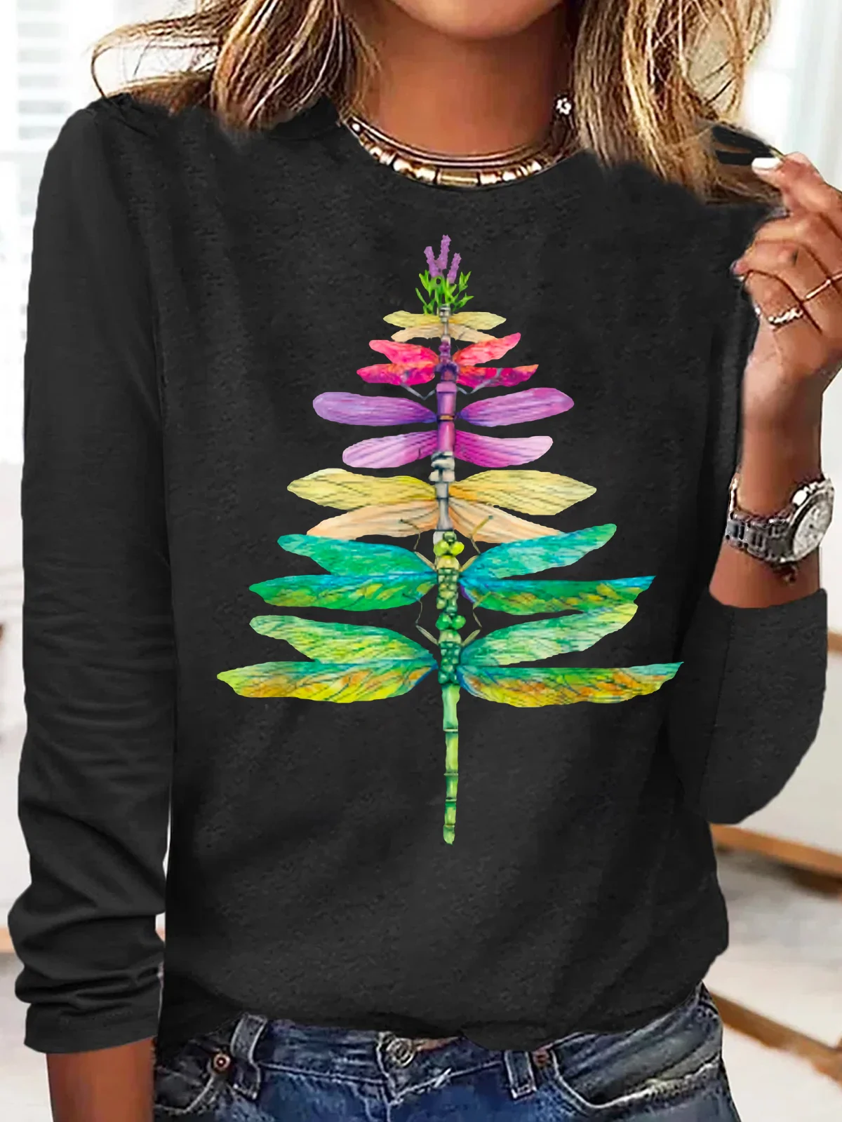 Women's dragonfly Christmas Tree Casual Letters Crew Neck Top