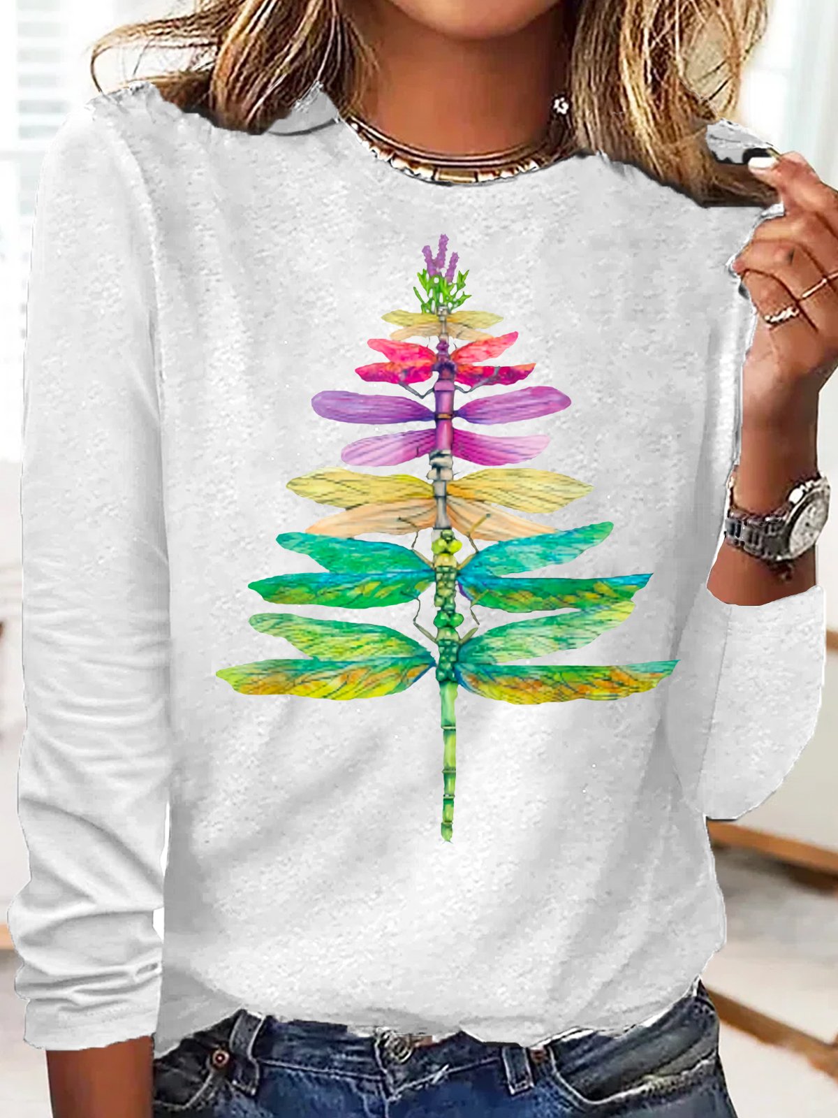 Women's dragonfly Christmas Tree Casual Letters Crew Neck Top