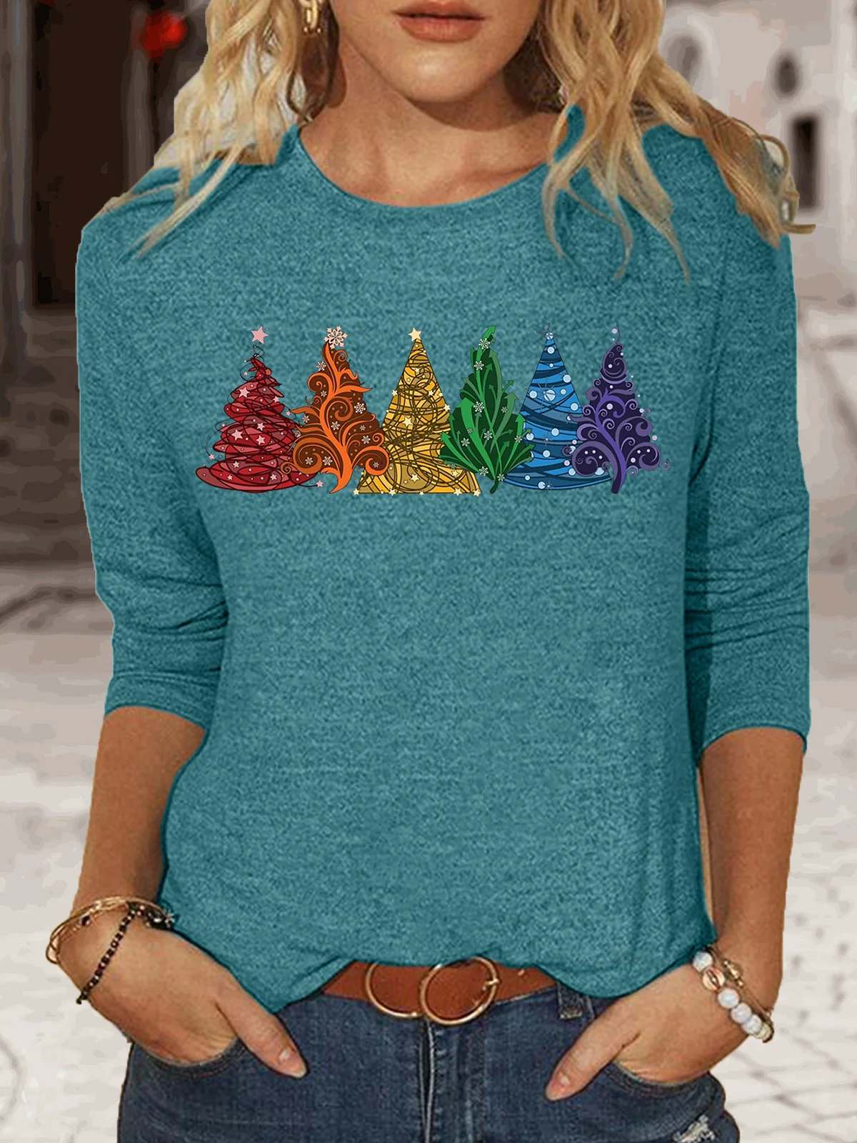 Women's Rainbow Christmas Trees Classic Long Sleeve Top