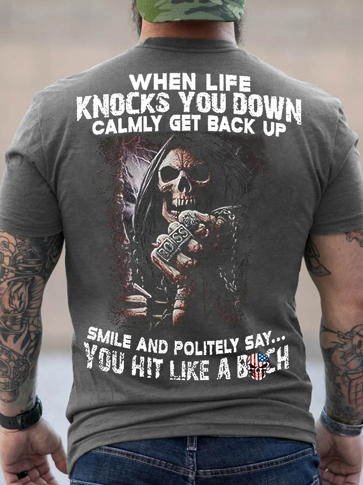 Men's When Life Knocks You Down Calmly Get Back Up American Flag Skull Funny Graphic Print Cotton Casual Text Letters Loose T-Shirt