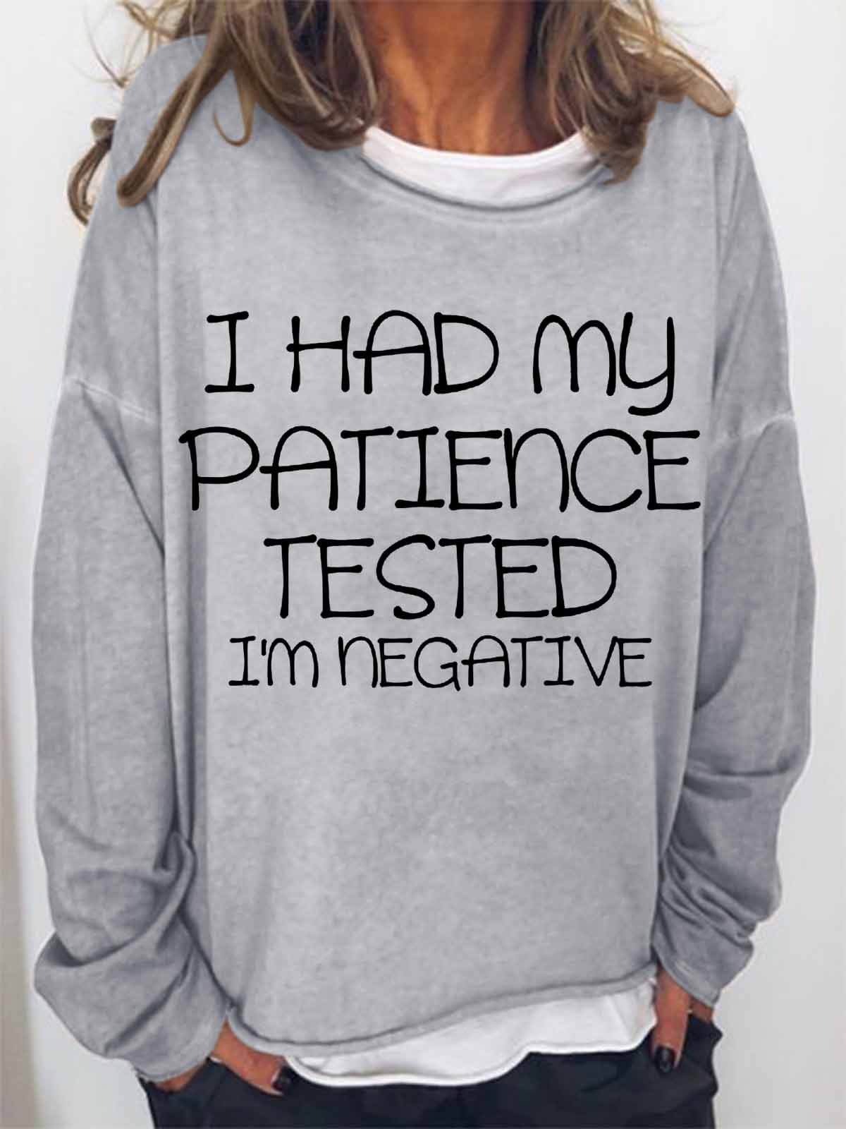 Women's Had My Patience Tested Negative Crew Neck Simple Text Letters Sweatshirt