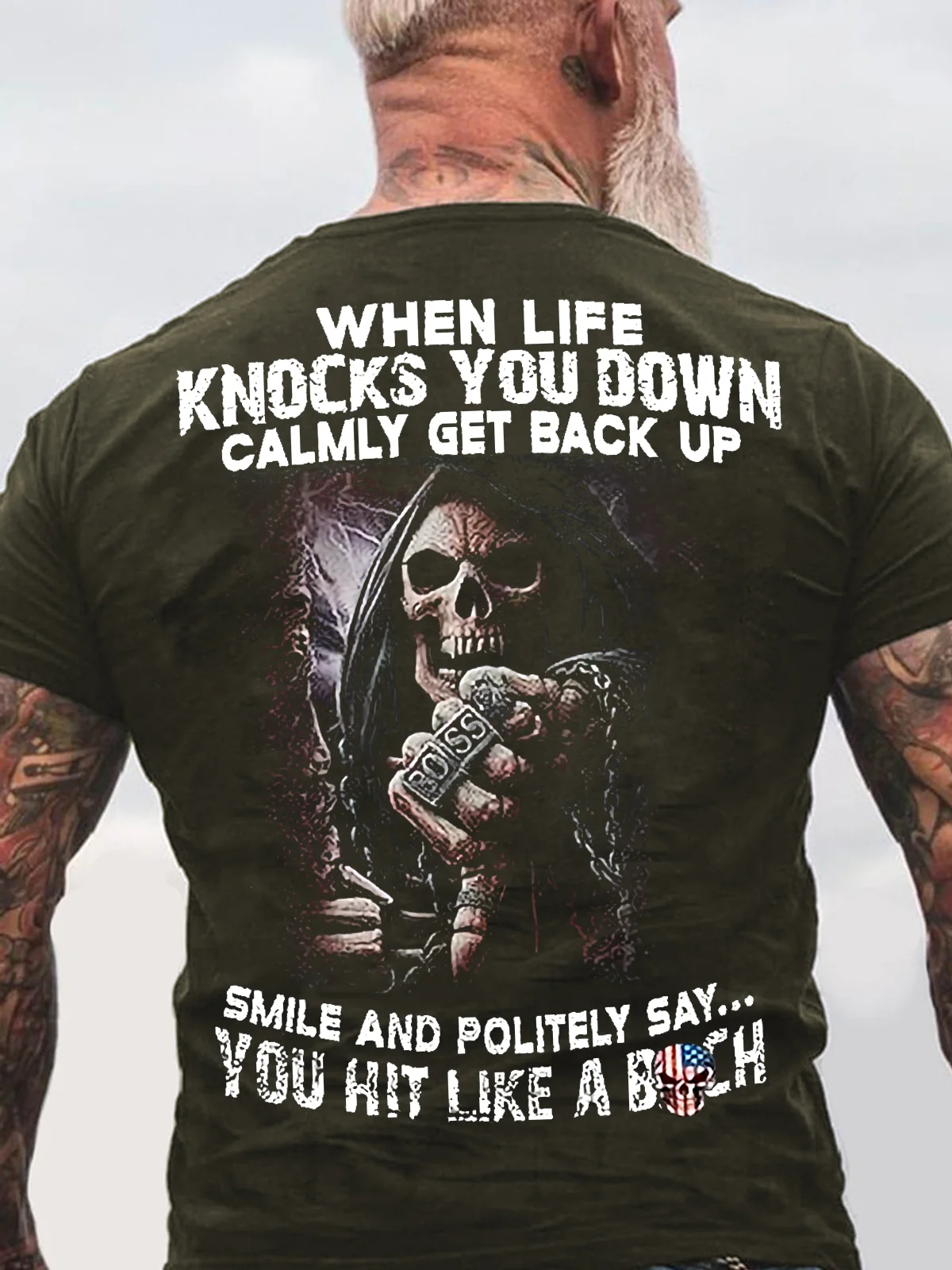 Men's When Life Knocks You Down Calmly Get Back Up American Flag Skull Funny Graphic Print Cotton Casual Text Letters Loose T-Shirt