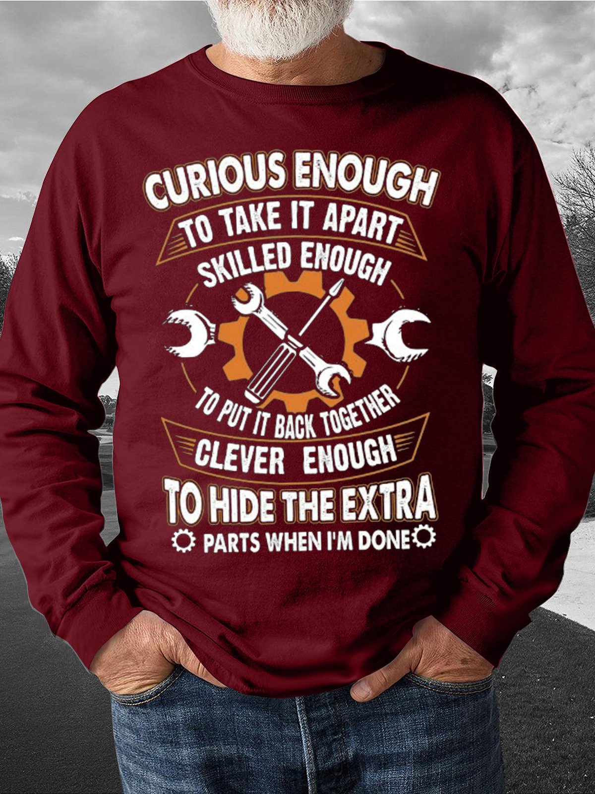 Men's Curious Enough To Take It Apart Skilled Enough To Put It Back Together Funny Graphic Print Loose Crew Neck Casual Sweatshirt