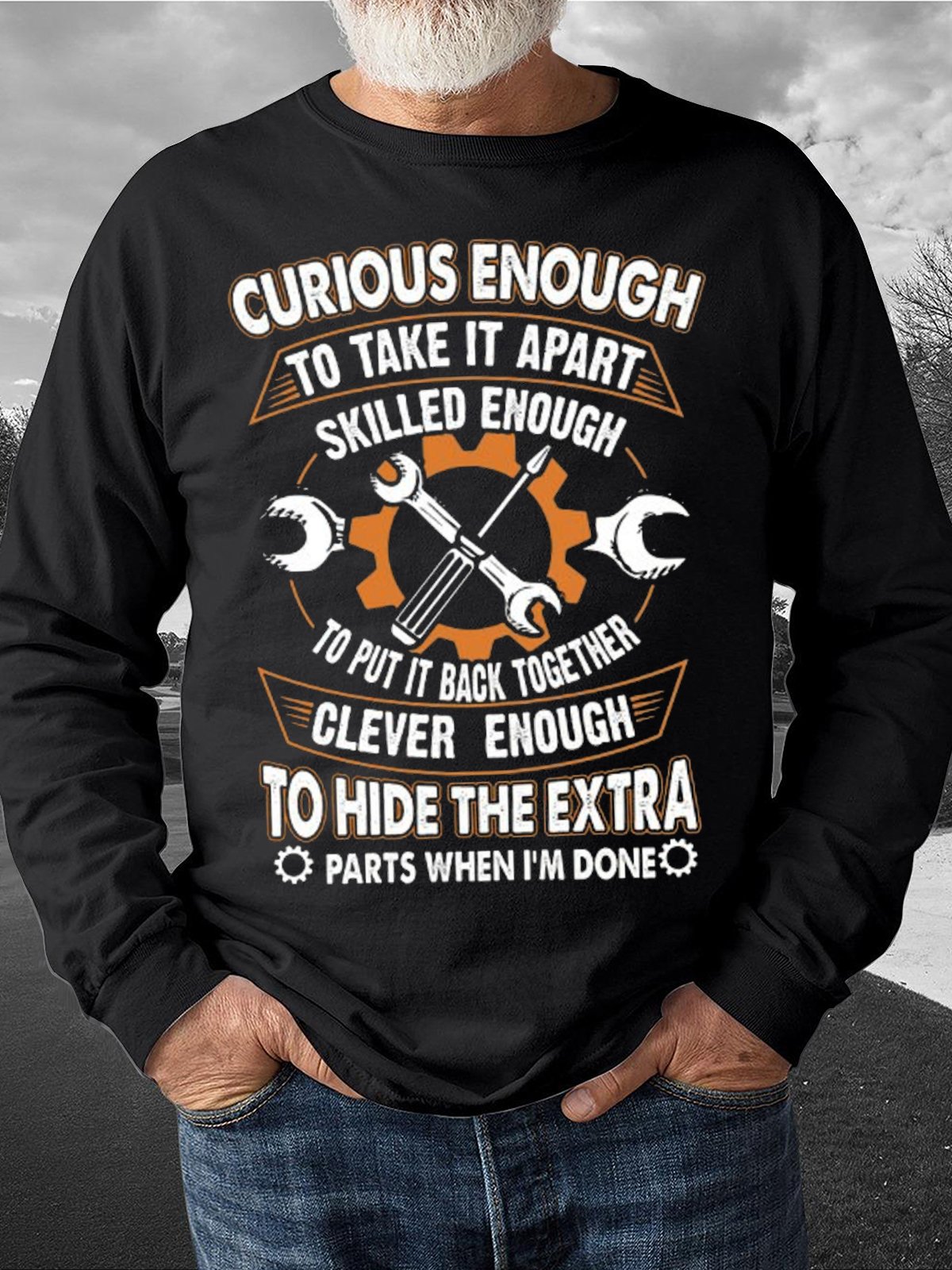 Men's Curious Enough To Take It Apart Skilled Enough To Put It Back Together Funny Graphic Print Loose Crew Neck Casual Sweatshirt